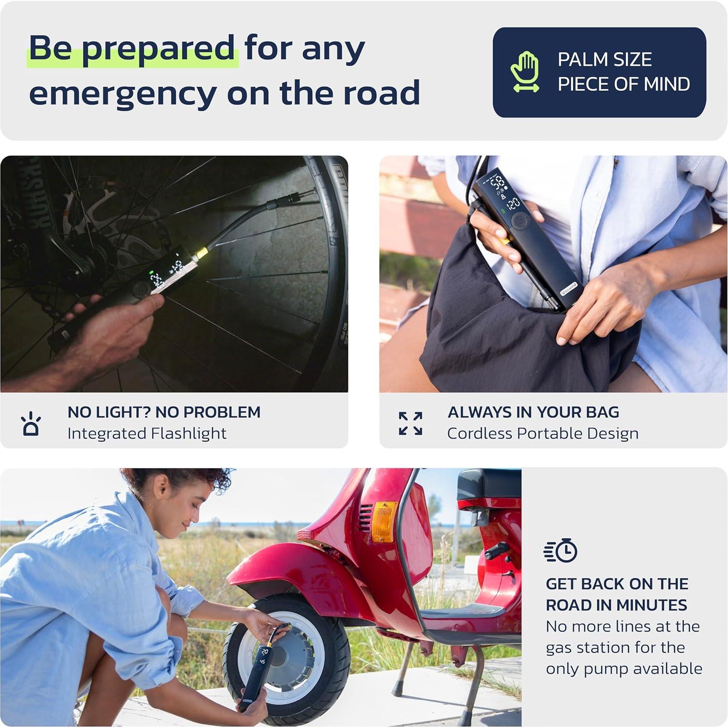 Woowind BP188 Bike Pump, The Pro Electric Bicycle Pump Tire Inflator Portable Air Compressor with Schrader, Presta and Dunlop Valve Adapters - 120~150PSI Options