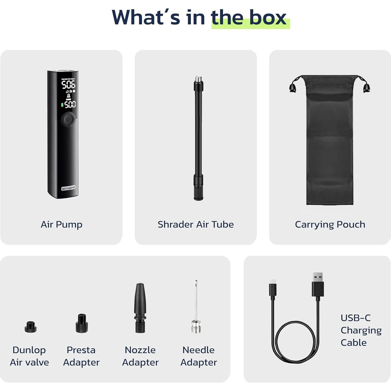 Woowind BP188 Bike Pump, The Pro Electric Bicycle Pump Tire Inflator Portable Air Compressor with Schrader, Presta and Dunlop Valve Adapters - 120~150PSI Options