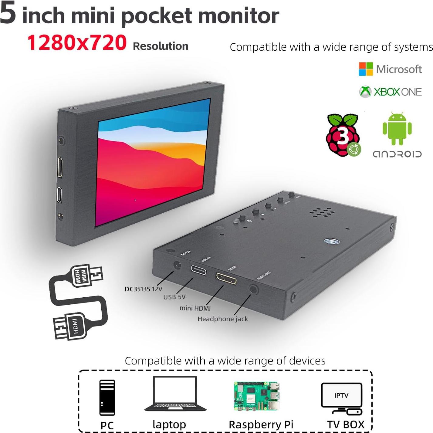 Monitor Táctil Mini VIEWMEI 5" HD 1280x720 HDMI