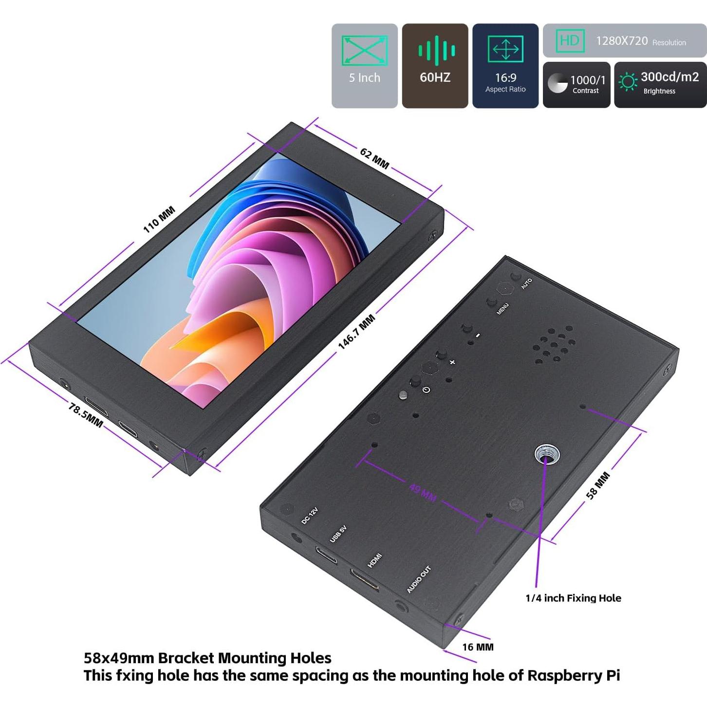 Monitor Táctil Mini VIEWMEI 5" HD 1280x720 HDMI