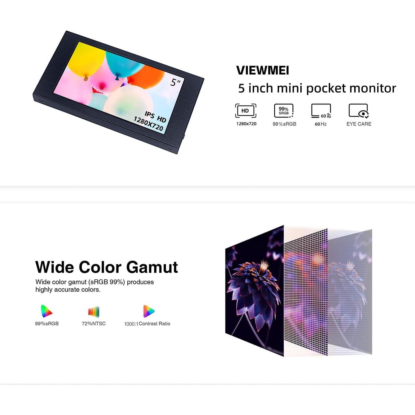 Monitor Táctil Mini VIEWMEI 5" HD 1280x720 HDMI