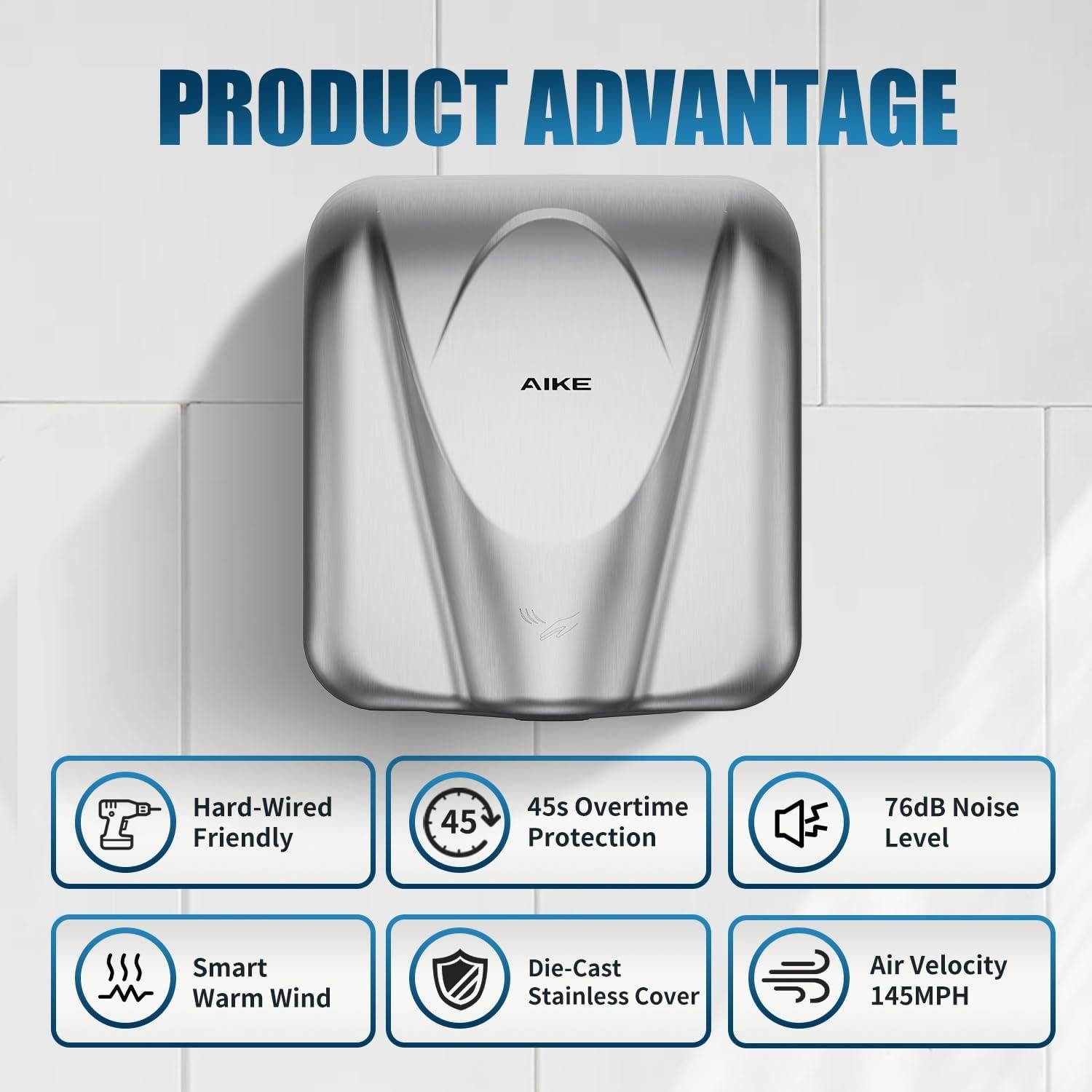 Secador de Manos AIKE AK2812 Acero Inoxidable 1400W 8-12s