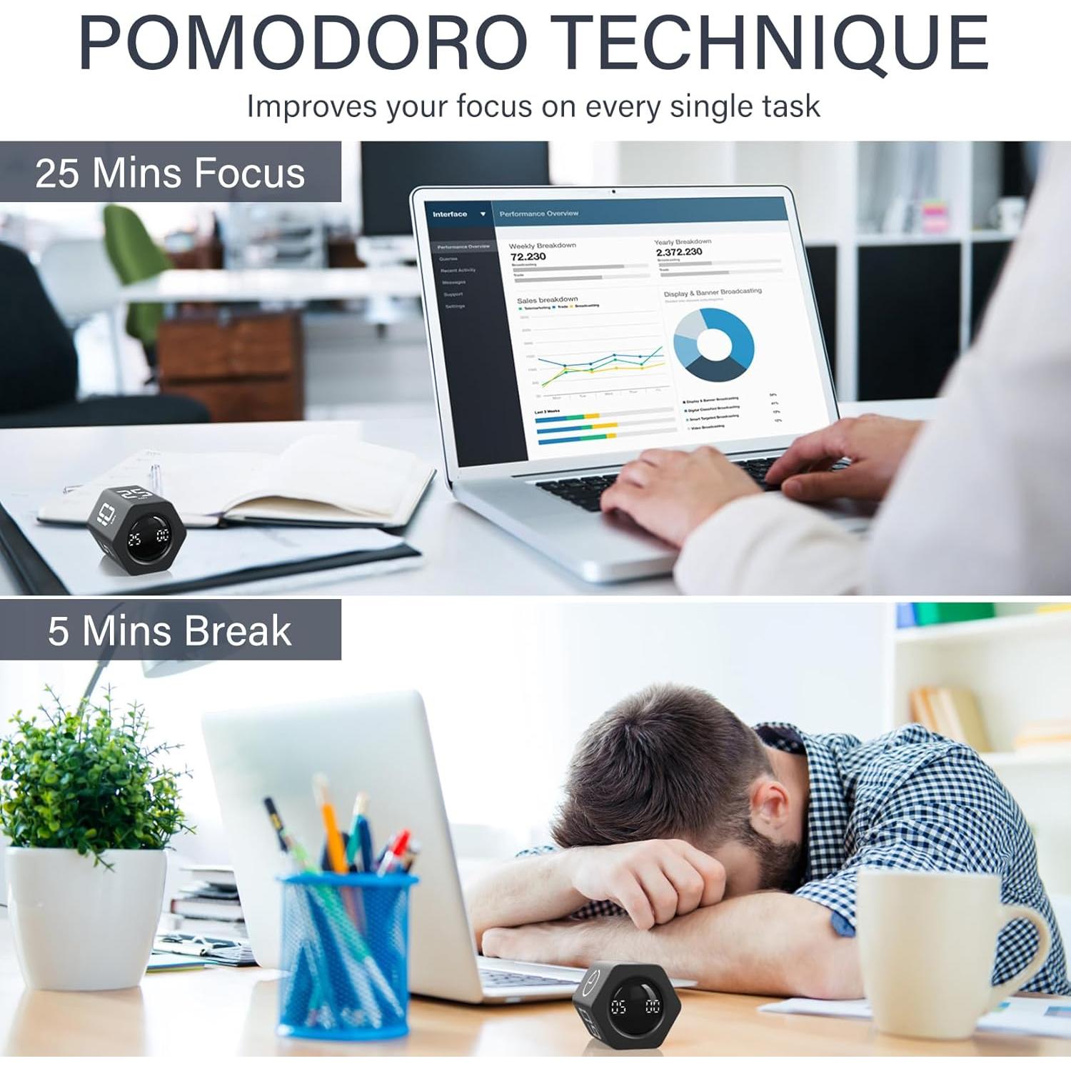 Temporizador Pomodoro OORAII Hexagonal Negro 5-60 Minutos
