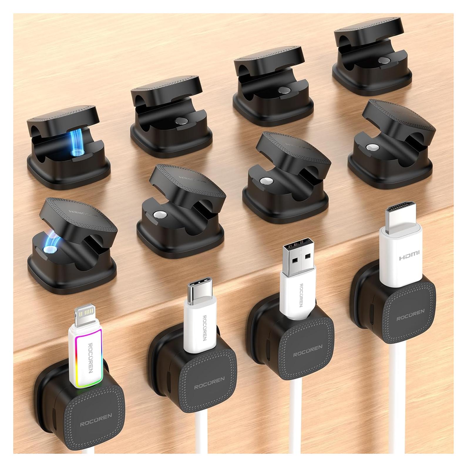 Organizadores de Cables Magnéticos Rocoren - Paquete de 12, Negro