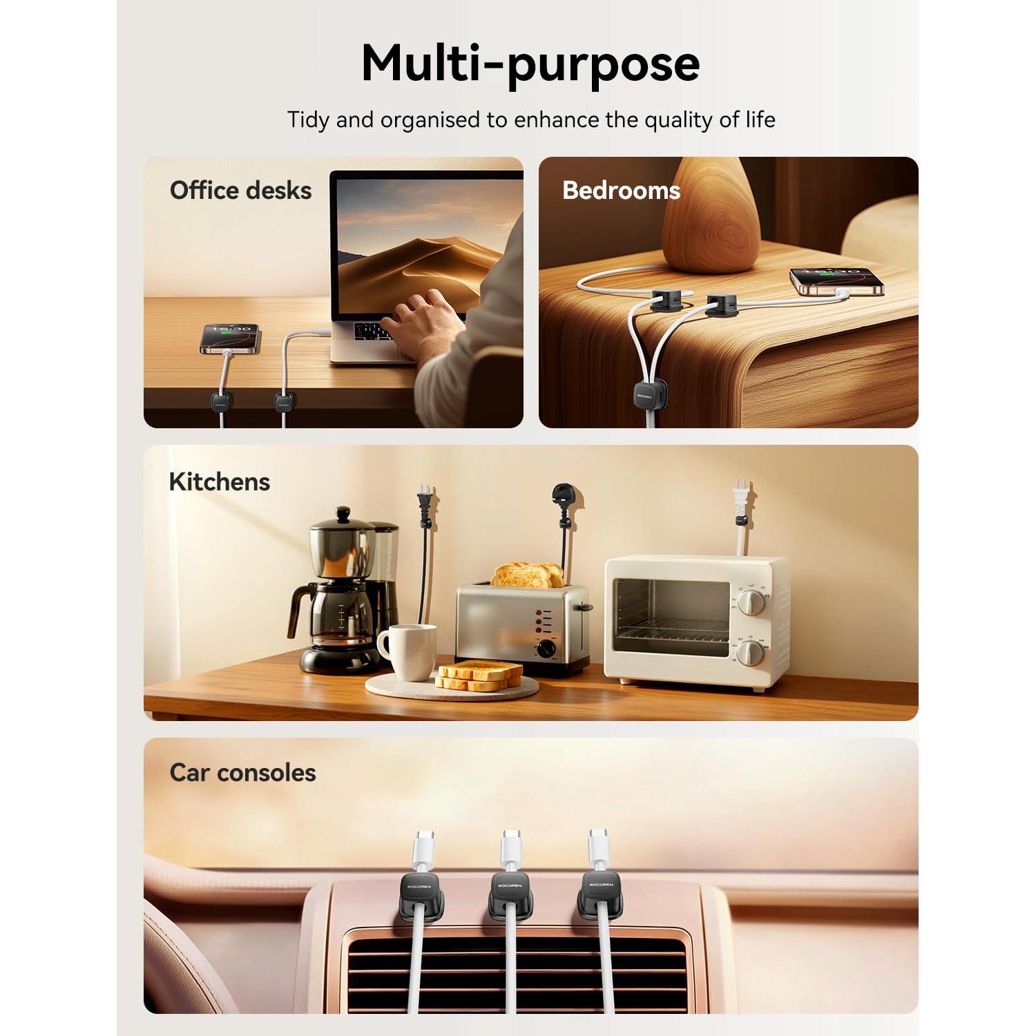 Organizadores de Cables Magnéticos Rocoren - Paquete de 12, Negro