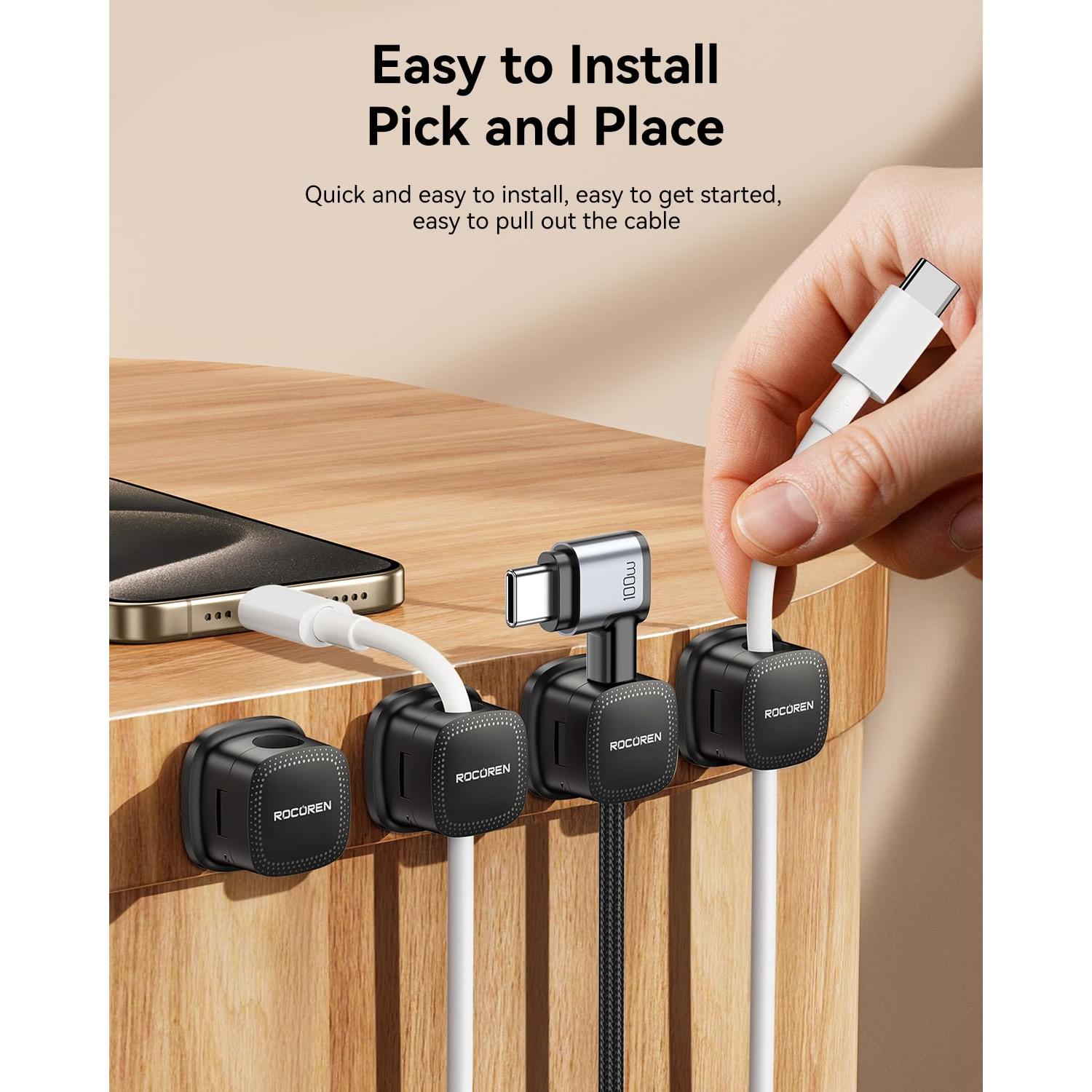 Organizadores de Cables Magnéticos Rocoren - Paquete de 12, Negro