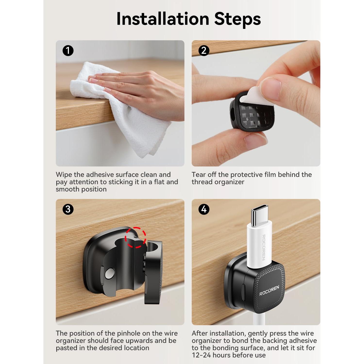 Organizadores de Cables Magnéticos Rocoren - Paquete de 12, Negro