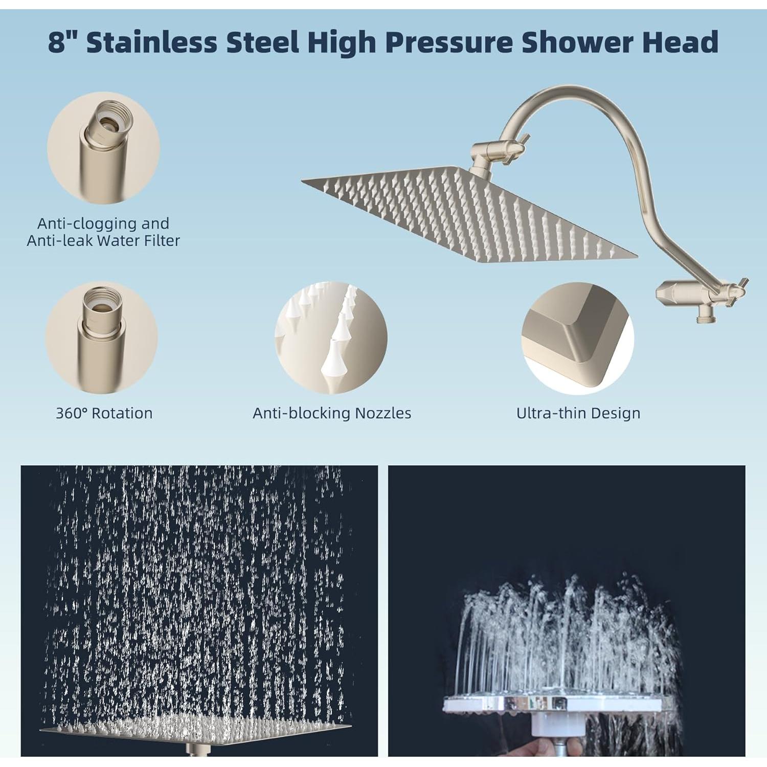 Cabezal de Ducha Hibbent 8'' Lluvia y Mano, 7 Configuraciones