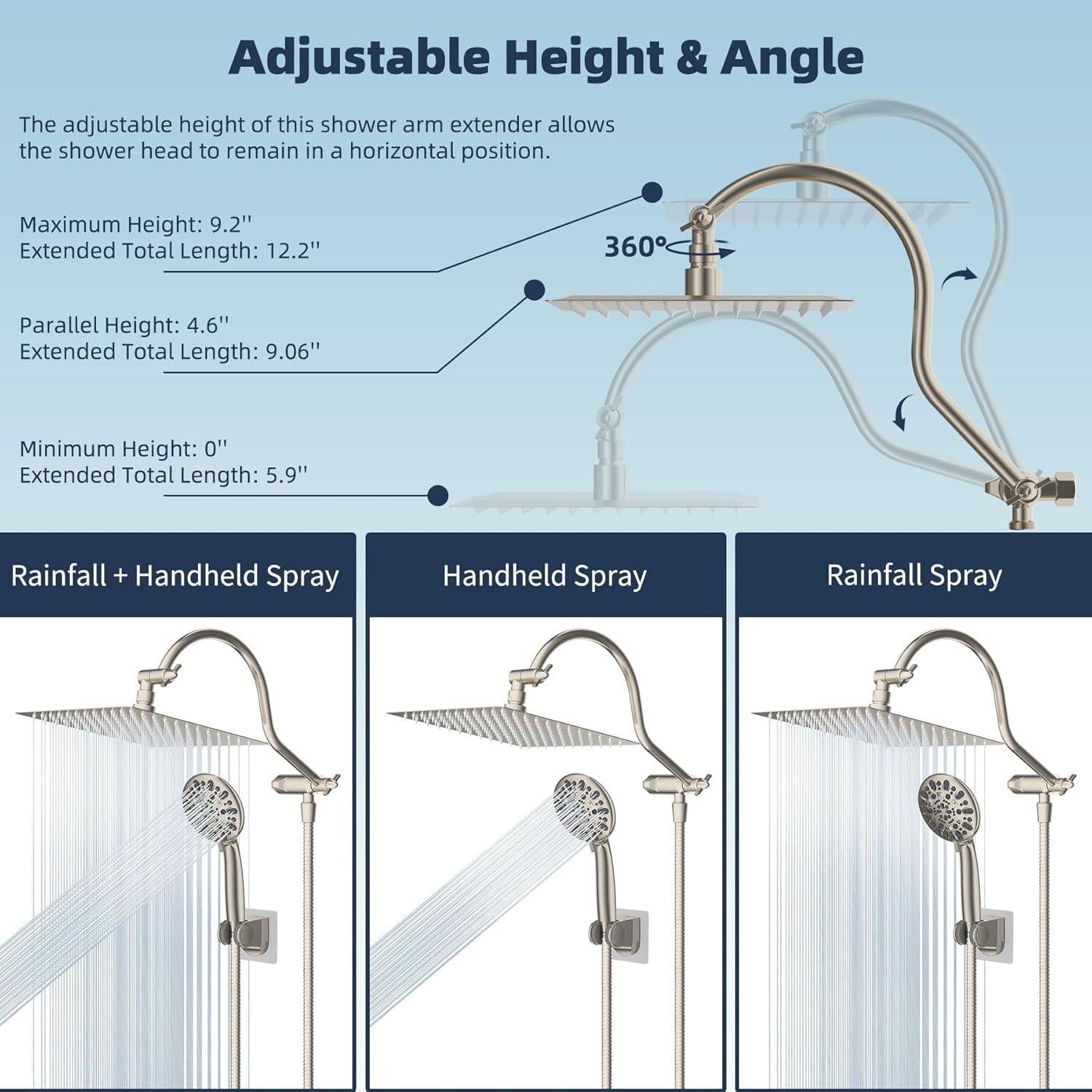 Cabezal de Ducha Hibbent 8'' Lluvia y Mano, 7 Configuraciones