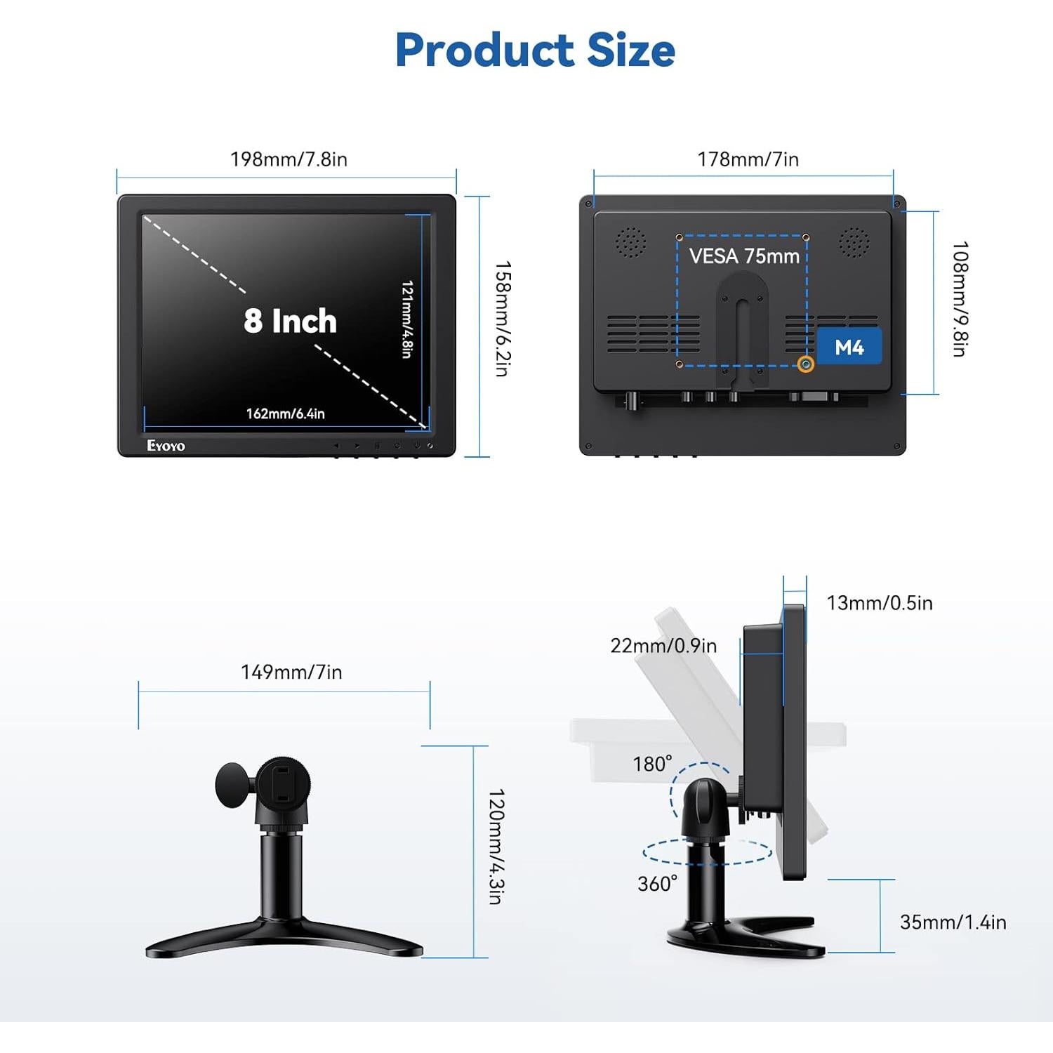 Monitor de 8 Pulgadas Eyoyo EM08F 1024x768 IPS HDMI VGA