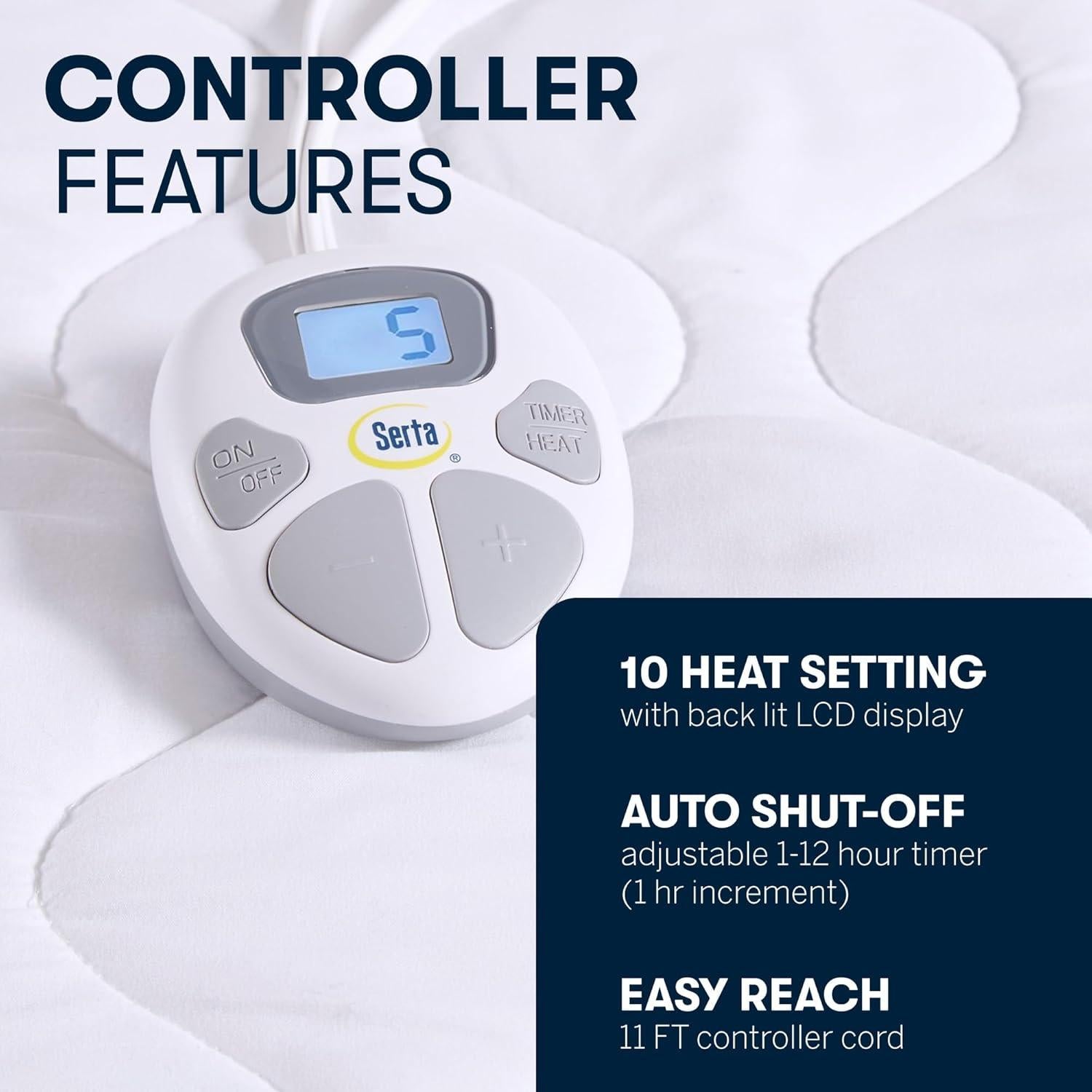 Almohadilla Térmica Serta Twin XL - 10 Niveles Calor, Lavable