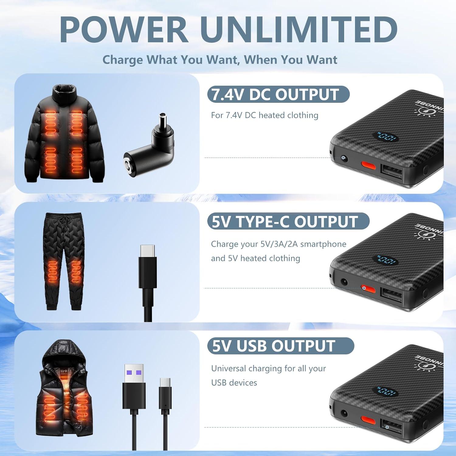 Batería de Chaleco Calentado 10000mAh USB Tipo-C LED