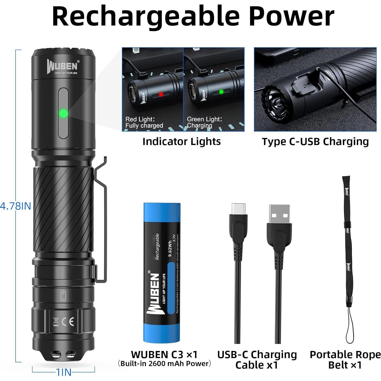 Linterna Recargable WUBEN C3 1200 Lúmenes LED IP68 Camping