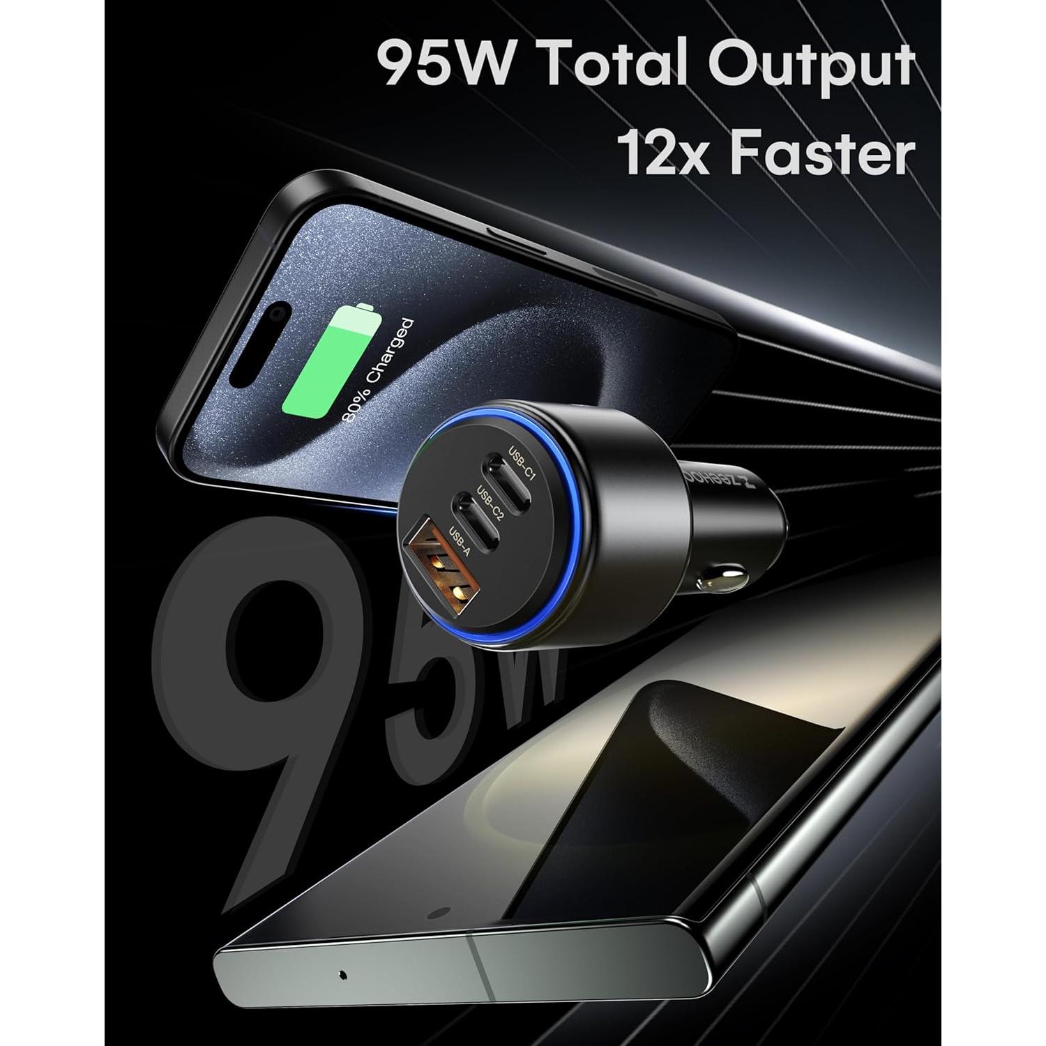 Cargador de Coche ZEEHOO USB C 95W Rápido para iPhone y Samsung