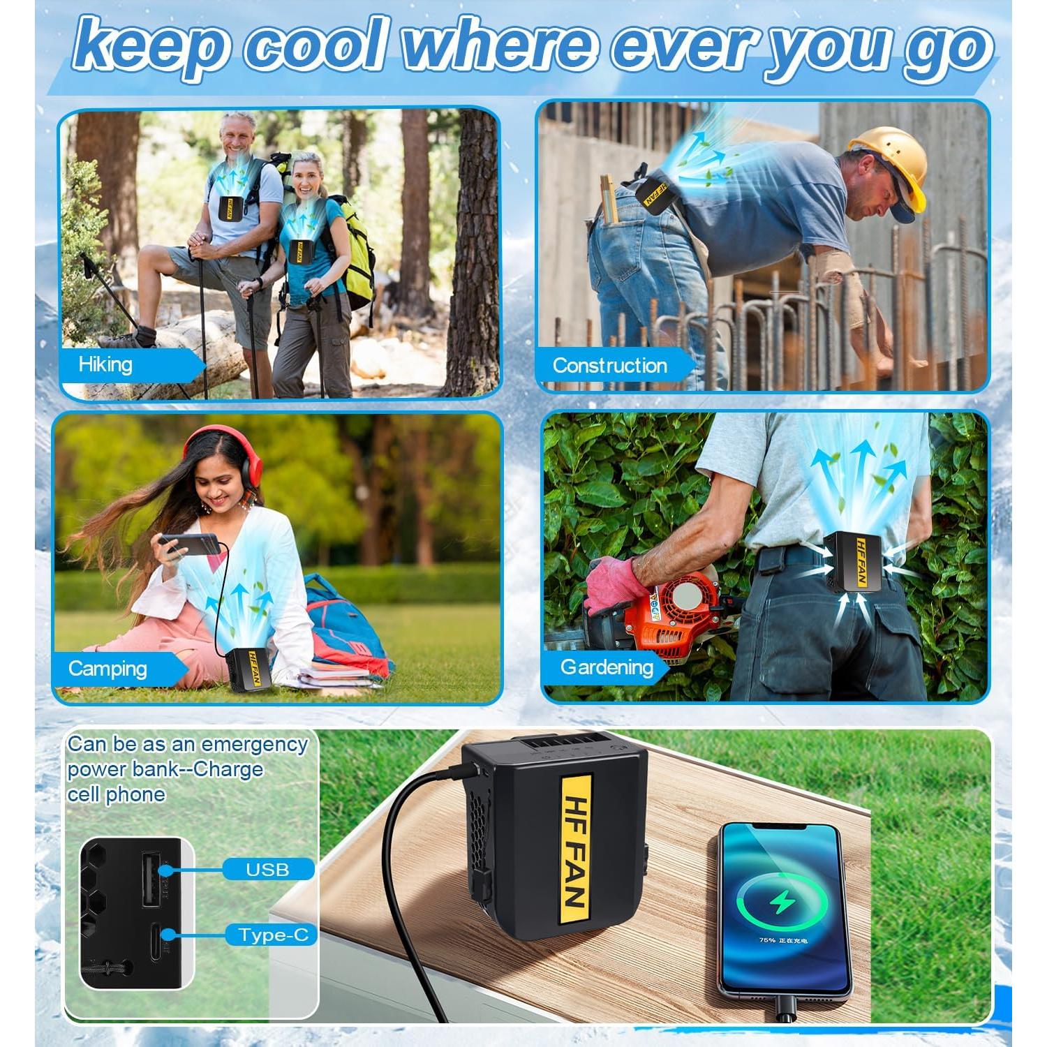 Ventilador de Cintura PANGTIKU 10000mAh 4 Velocidades Portátil