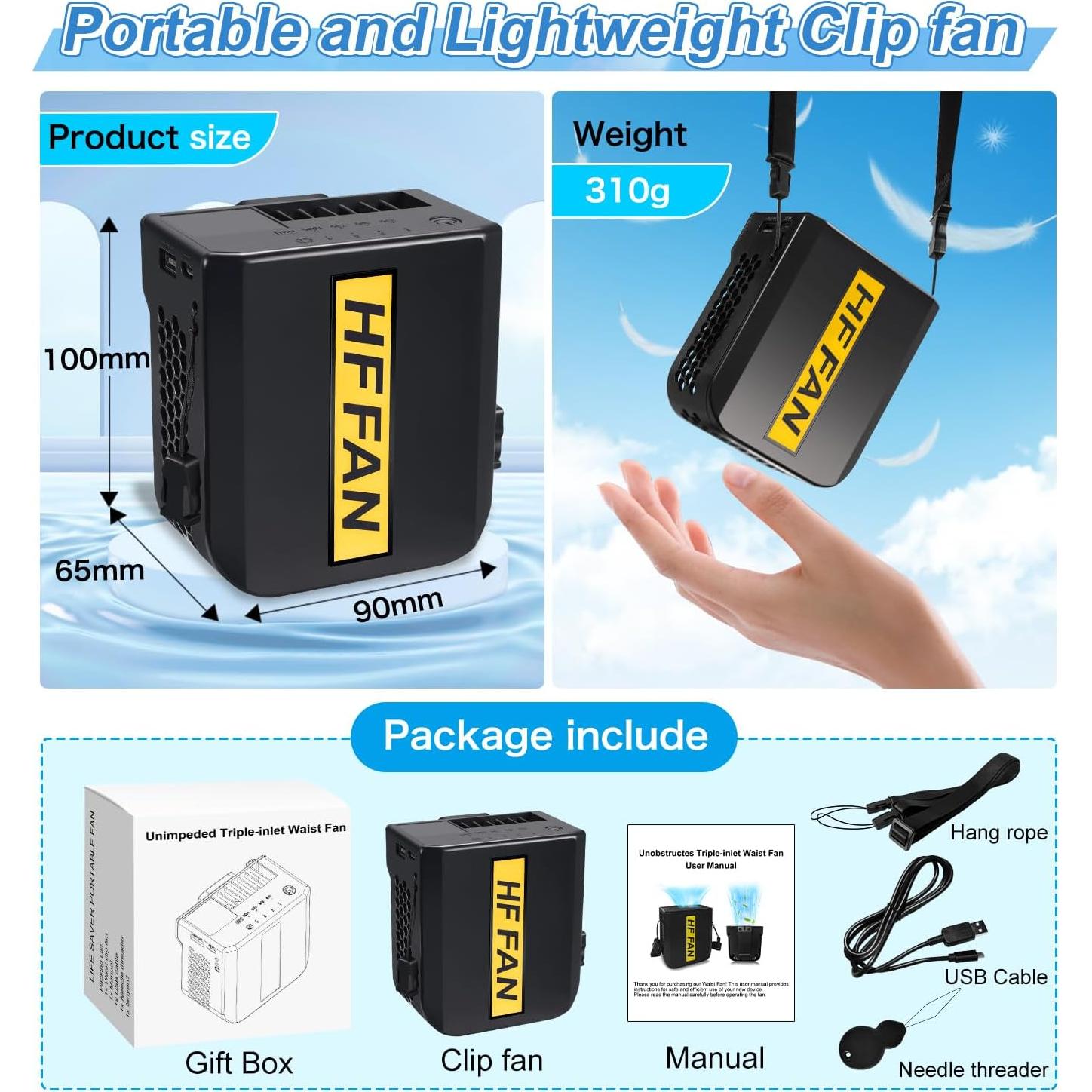 Ventilador de Cintura PANGTIKU 10000mAh 4 Velocidades Portátil