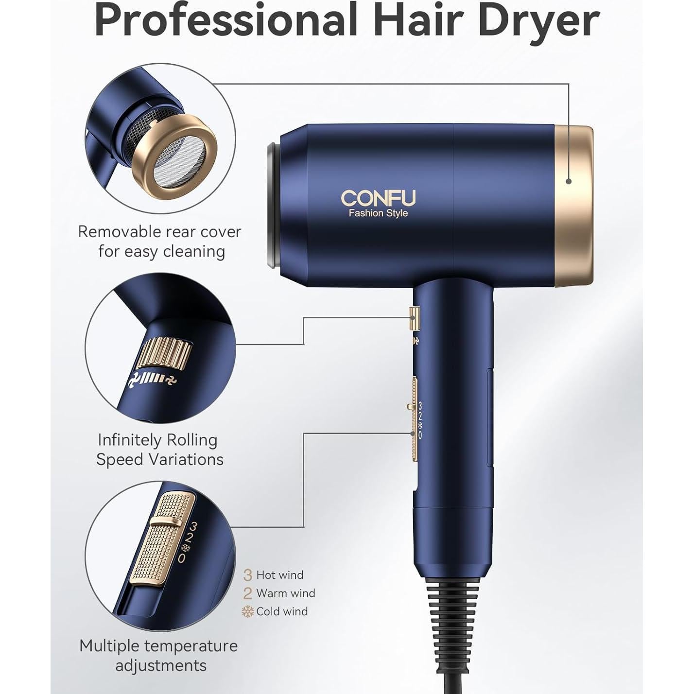 Secador de Pelo CONFU 1600W con Difusor y 3 Temperaturas