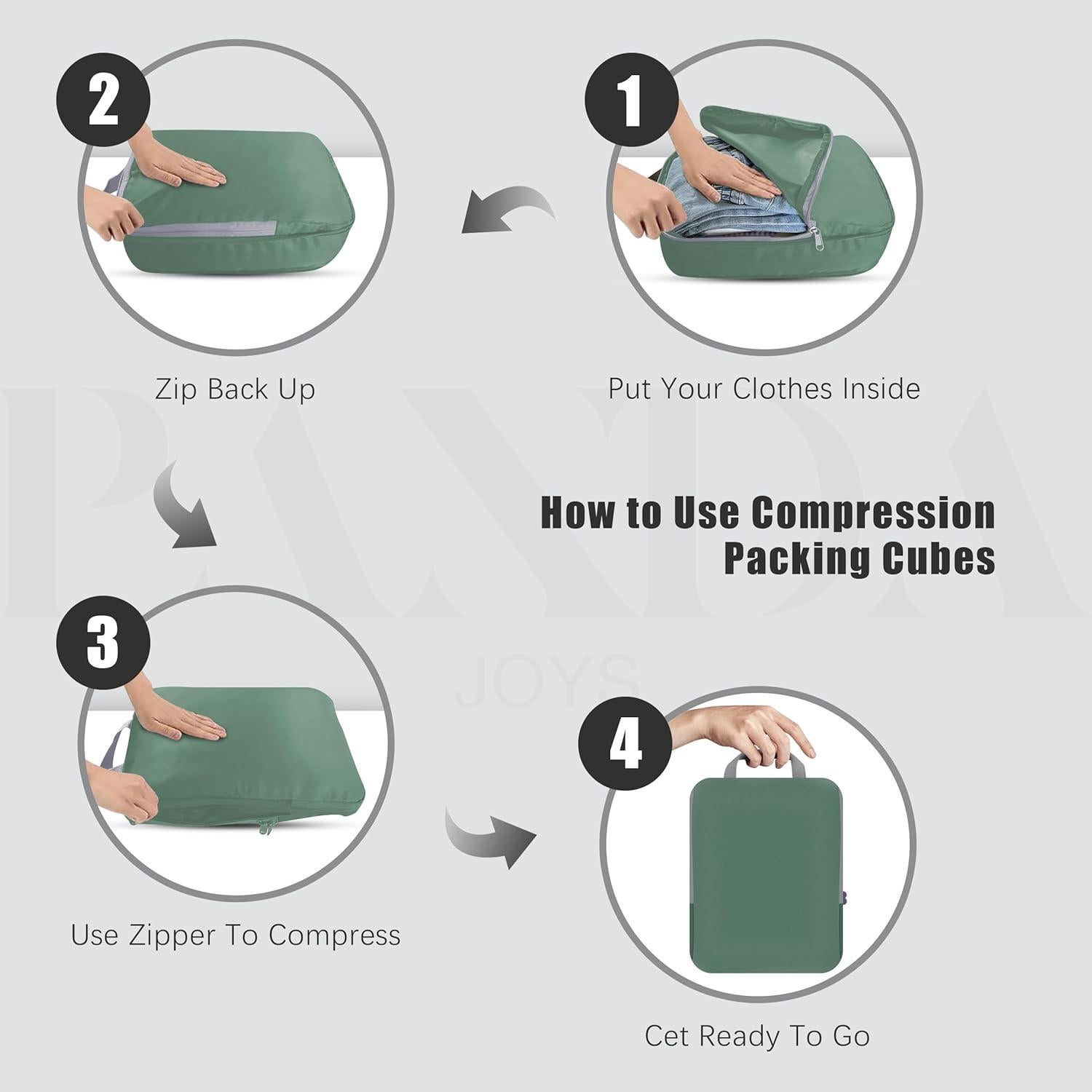 Set de 4 Cubos de Compresión Panda Joys - Organizador de Viaje Verde