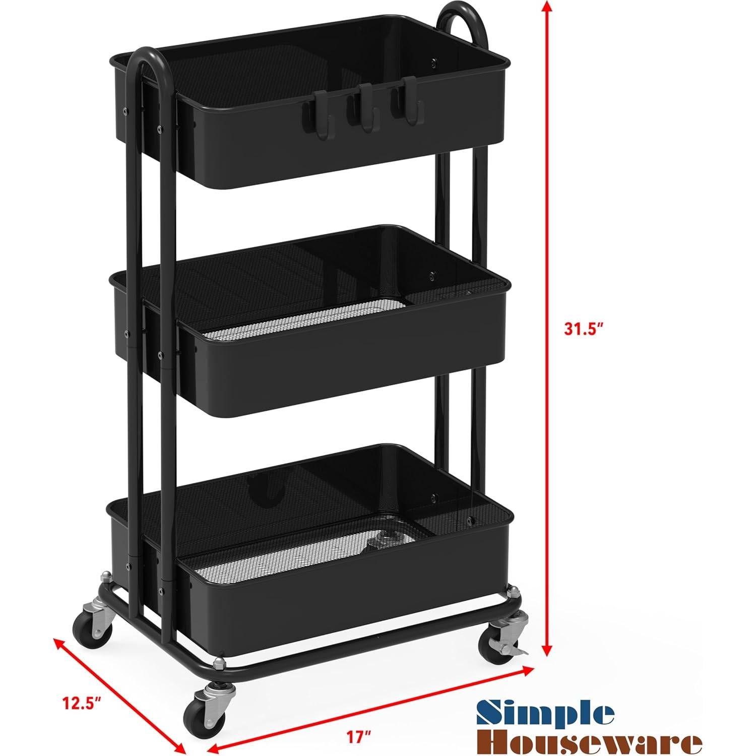 Carro de Utilidad de Metal Simple Houseware 3 Niveles Negro