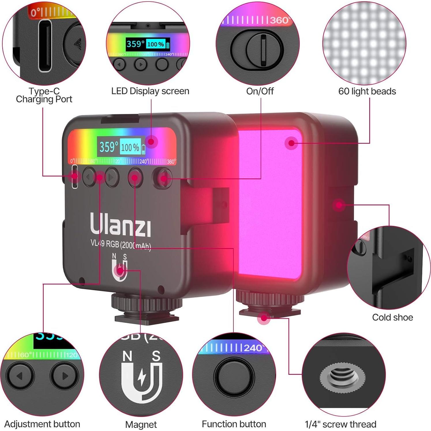 Luz LED RGB ULANZI VL49 Portátil 2000mAh 2500-9000K