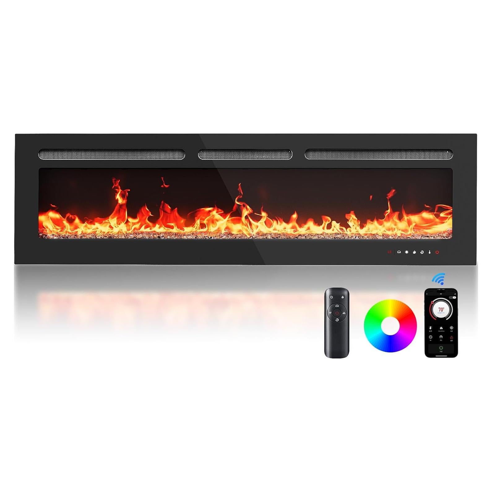 Silonn 60″Smart Electric Fireplace Heater with App & Remote Control, 5300 BTU Heat Output, Ultra-Slim Wall-Mounted or Recessed Electric Fireplace Inserts with Timer, 20 Flame Colors,WiFi Enabled