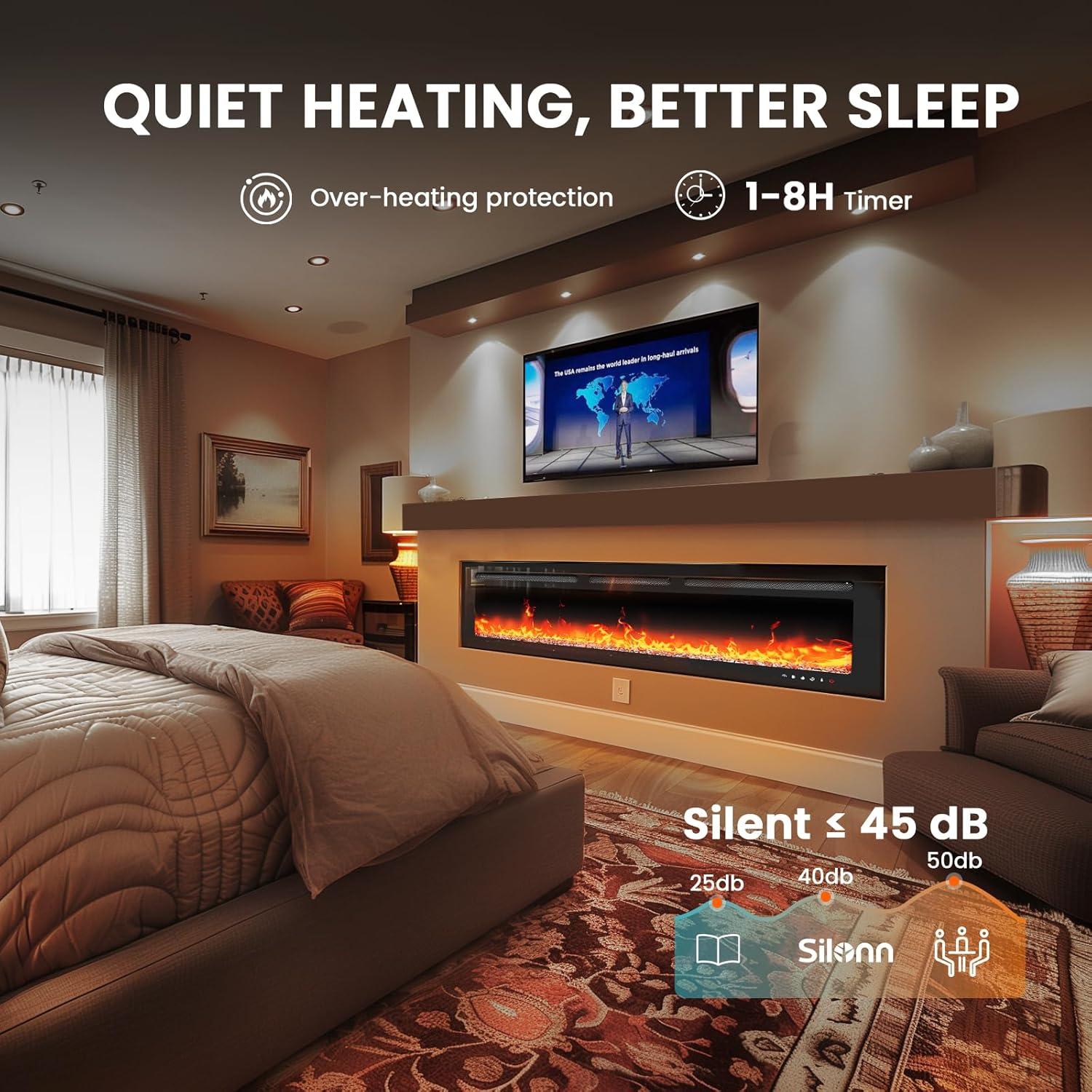 Silonn 60″Smart Electric Fireplace Heater with App & Remote Control, 5300 BTU Heat Output, Ultra-Slim Wall-Mounted or Recessed Electric Fireplace Inserts with Timer, 20 Flame Colors,WiFi Enabled