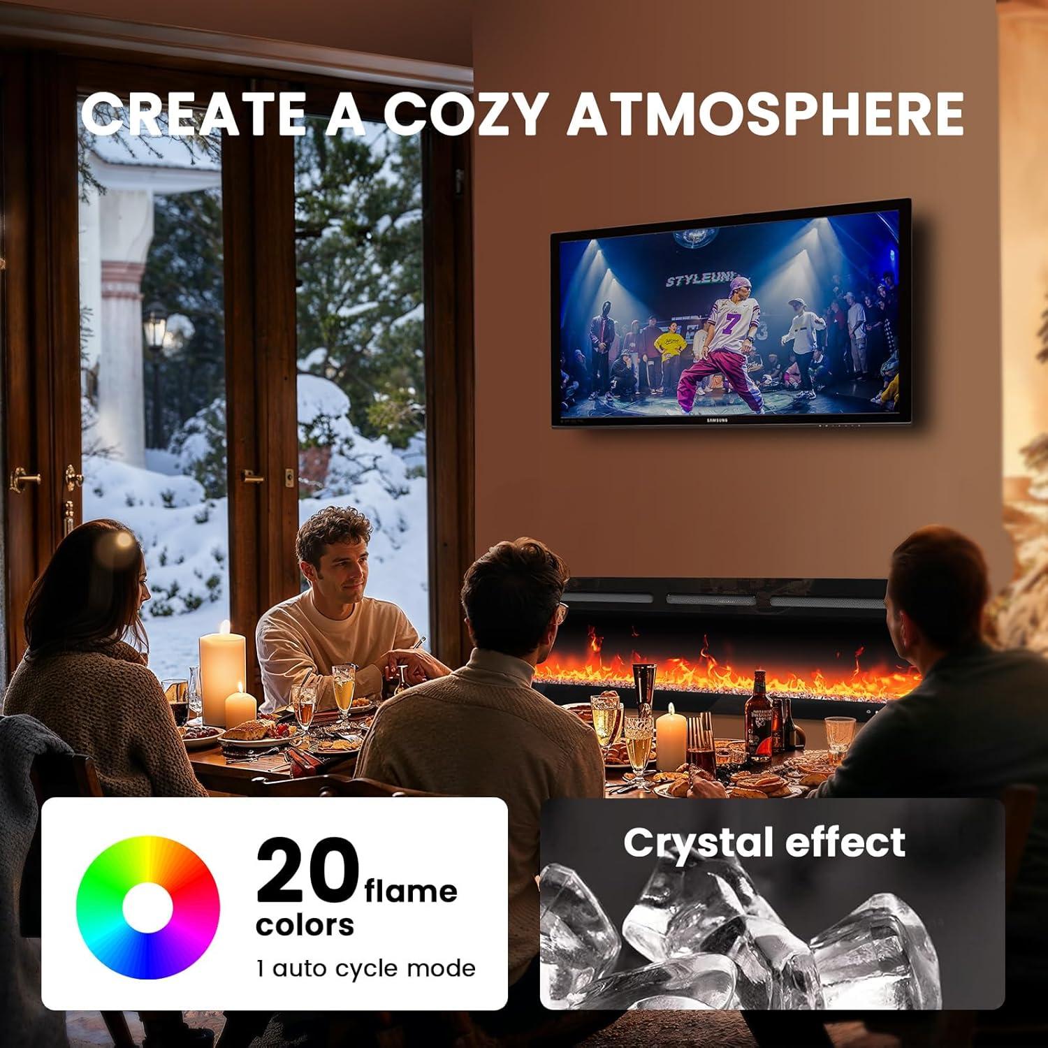 Silonn 60″Smart Electric Fireplace Heater with App & Remote Control, 5300 BTU Heat Output, Ultra-Slim Wall-Mounted or Recessed Electric Fireplace Inserts with Timer, 20 Flame Colors,WiFi Enabled