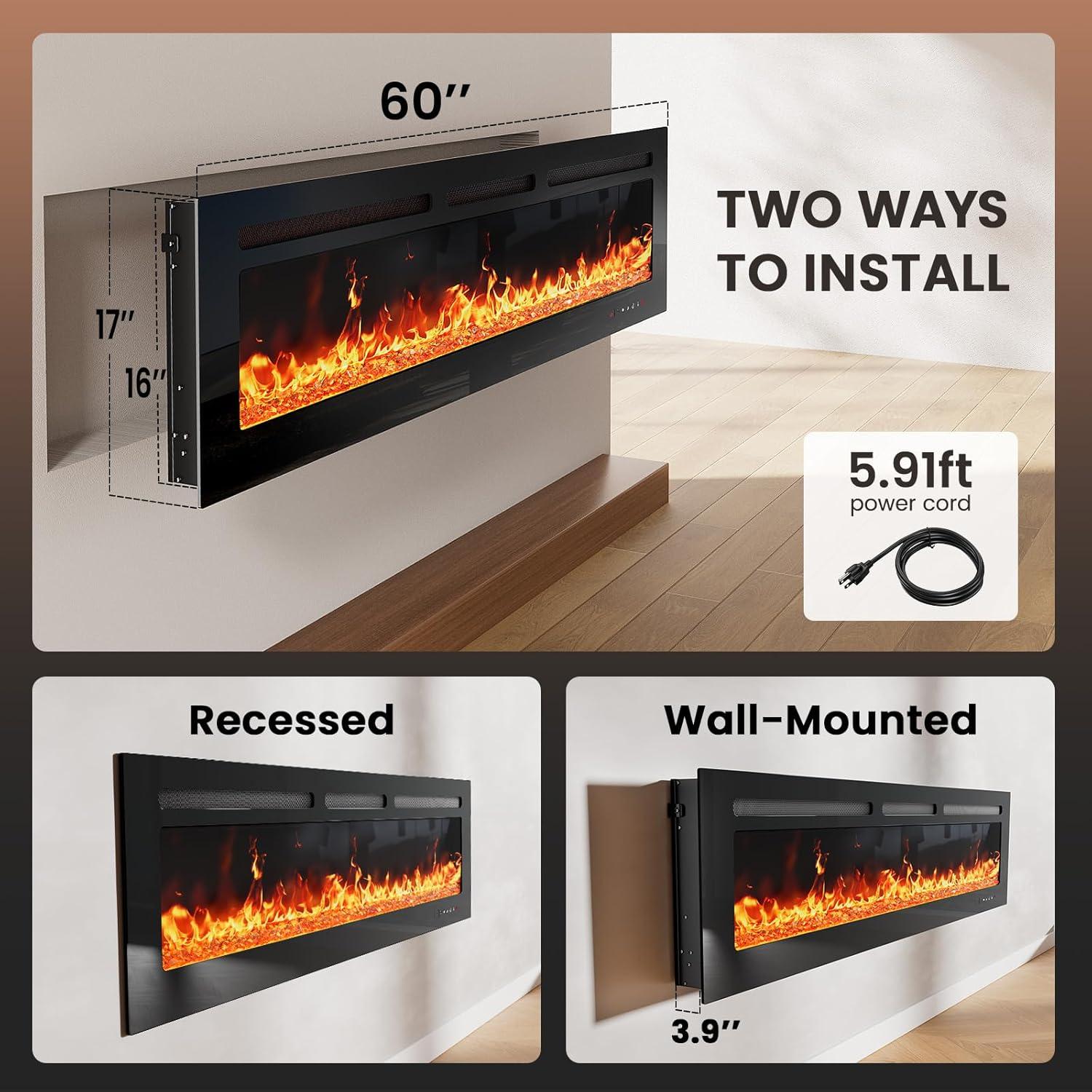 Silonn 60″Smart Electric Fireplace Heater with App & Remote Control, 5300 BTU Heat Output, Ultra-Slim Wall-Mounted or Recessed Electric Fireplace Inserts with Timer, 20 Flame Colors,WiFi Enabled