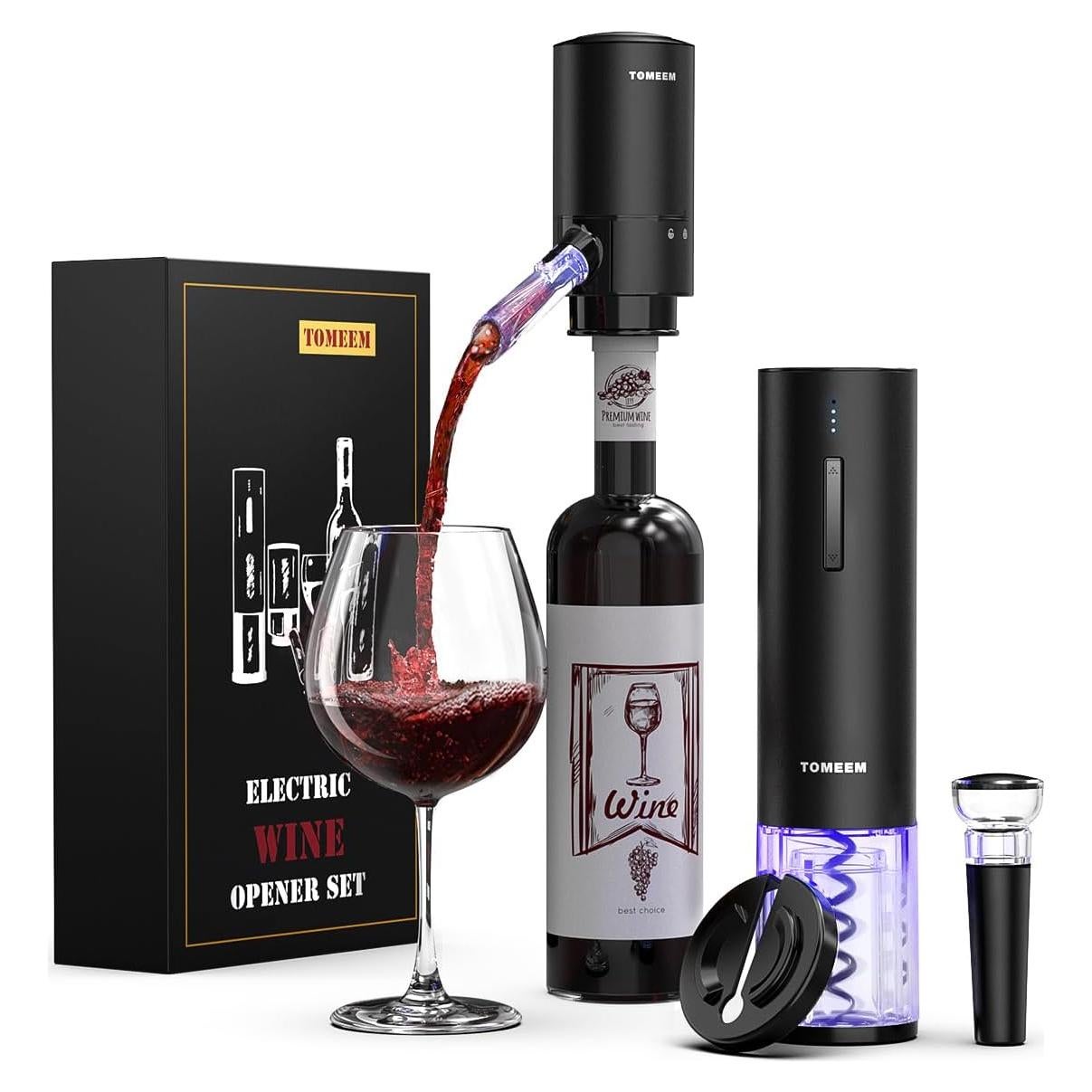 Juego de Vino Eléctrico TOMEEM 4 en 1 - Sacacorchos, Aireador y Tapones
