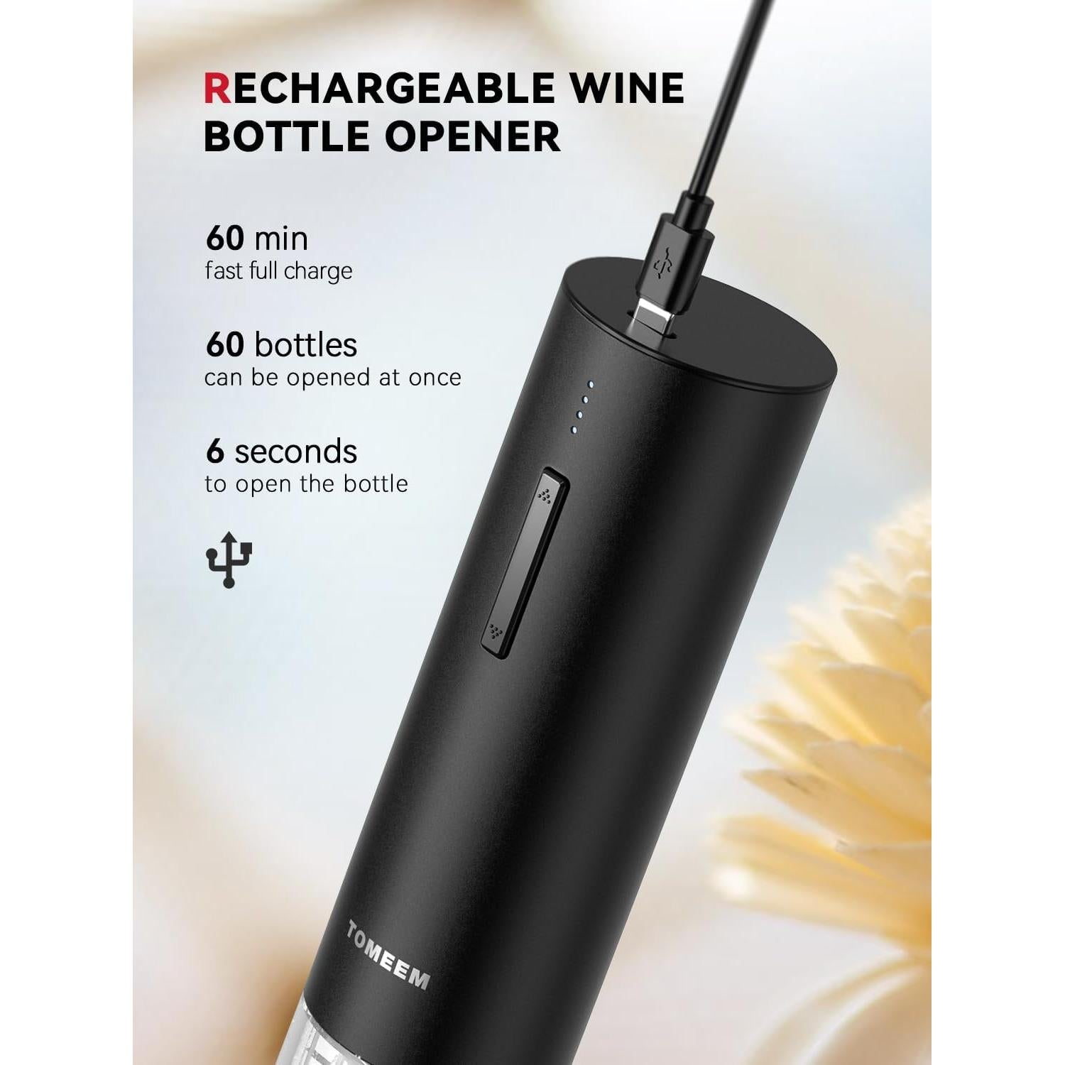 Juego de Vino Eléctrico TOMEEM 4 en 1 - Sacacorchos, Aireador y Tapones