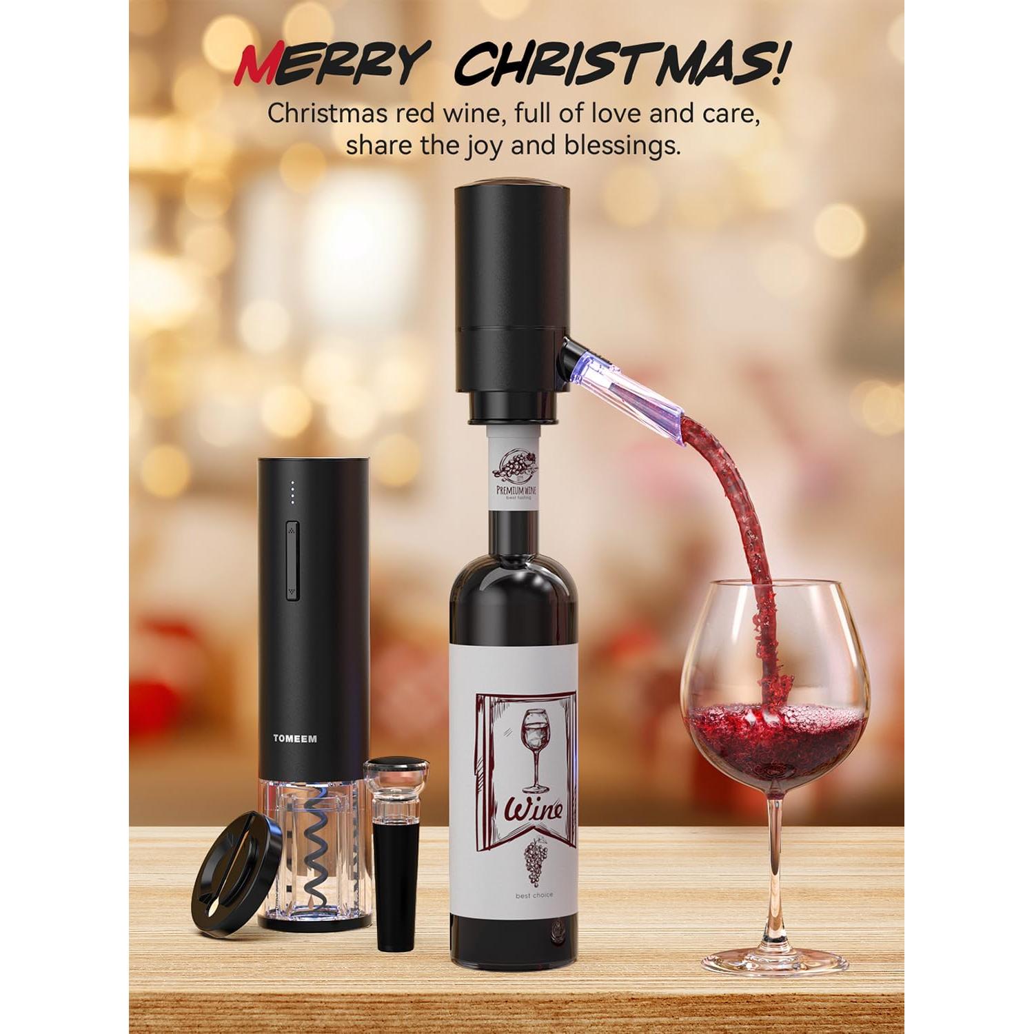 Juego de Vino Eléctrico TOMEEM 4 en 1 - Sacacorchos, Aireador y Tapones