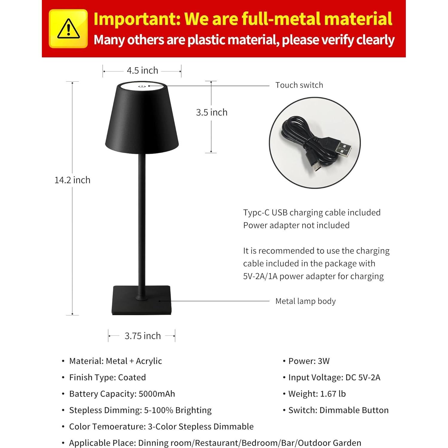 Lámpara de Mesa Inalámbrica KDG LED 5000mAh Regulable 3 Colores