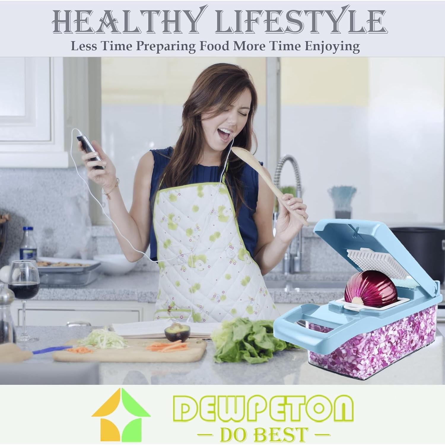 Picador de Verduras Manual Dewpeton 16 en 1 con Contenedor 1.5L