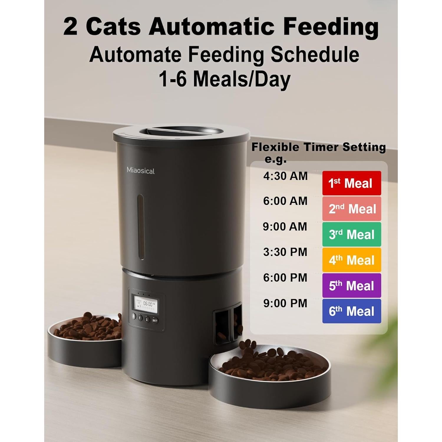 Comedero Automático Doble para Gatos Miaosical 4.2L Negro