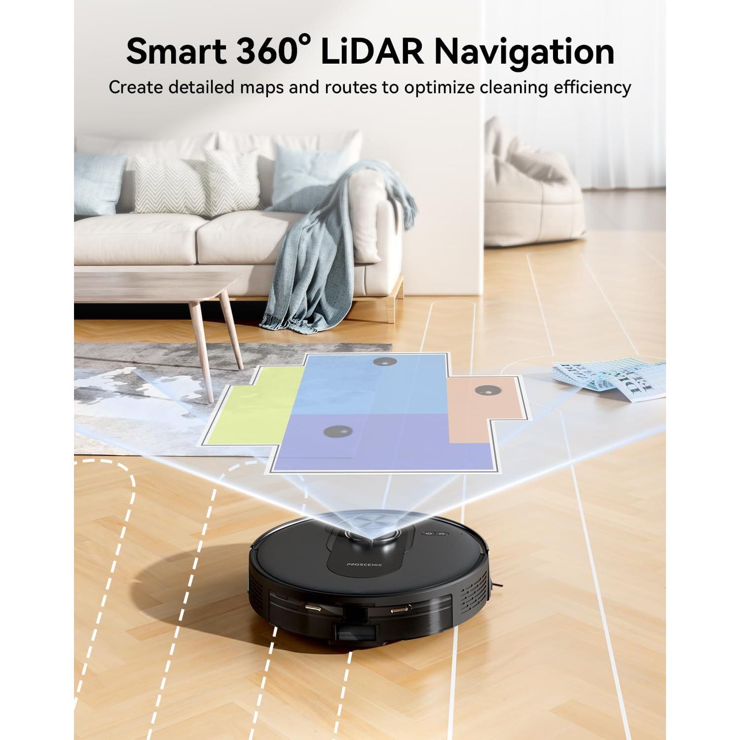 Proscenic Q8 Robot Vacuum Cleaner with Mop, Ultra Strong 6000Pa Robotic Vacuum with Lidar Navigation, 5 Real-Time Mapping, WiFi/Alexa/APP Remote Control Robot Hoover for Floor Carpet Pet Hair