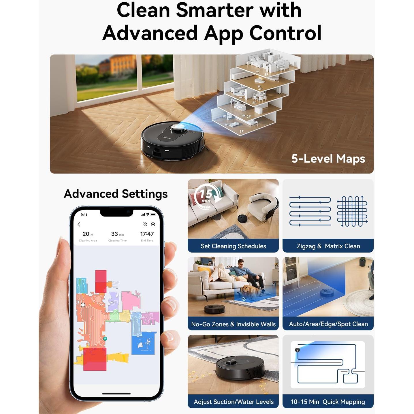 Proscenic Q8 Robot Vacuum Cleaner with Mop, Ultra Strong 6000Pa Robotic Vacuum with Lidar Navigation, 5 Real-Time Mapping, WiFi/Alexa/APP Remote Control Robot Hoover for Floor Carpet Pet Hair