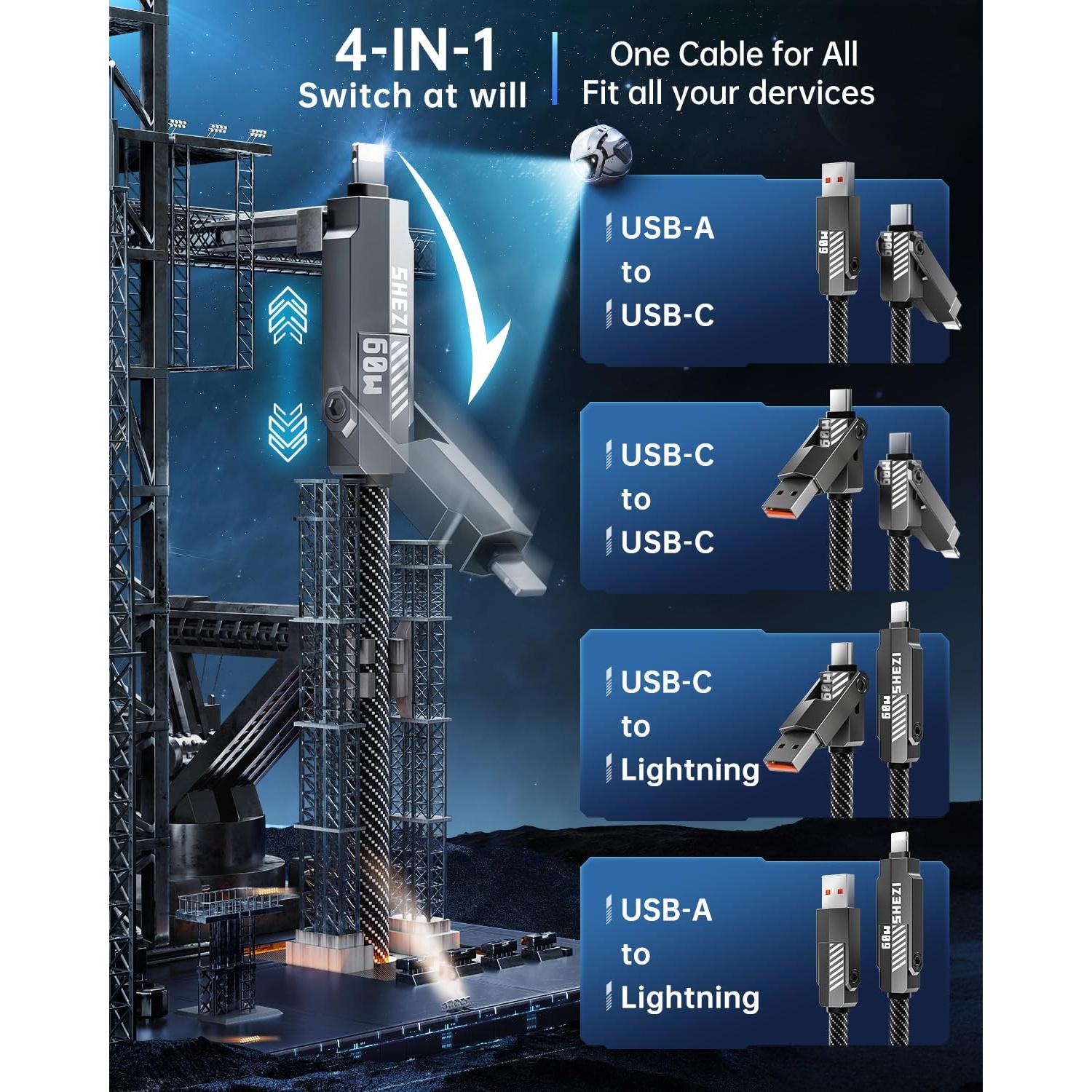 Cable USB C 4 en 1 SHEZI 60W 1m Gris - Carga Rápida