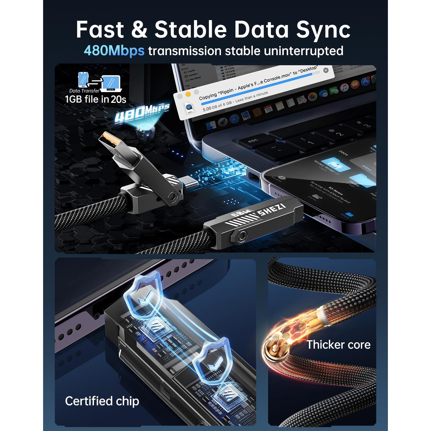 Cable USB C 4 en 1 SHEZI 60W 1m Gris - Carga Rápida