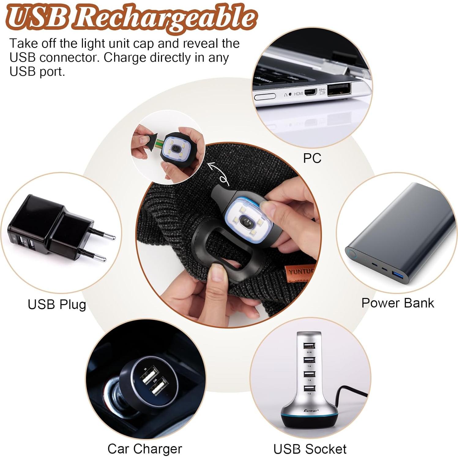 Gorro de Invierno con Luz LED YunTuo, Forro Polar Reutilizable USB