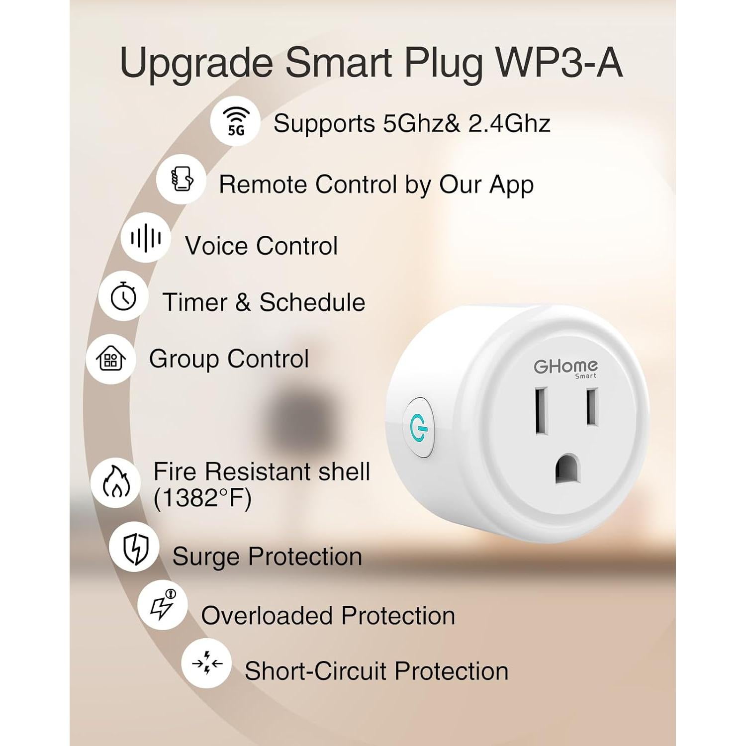 Enchufe Inteligente GHome 15A WiFi 5GHz Control Remoto