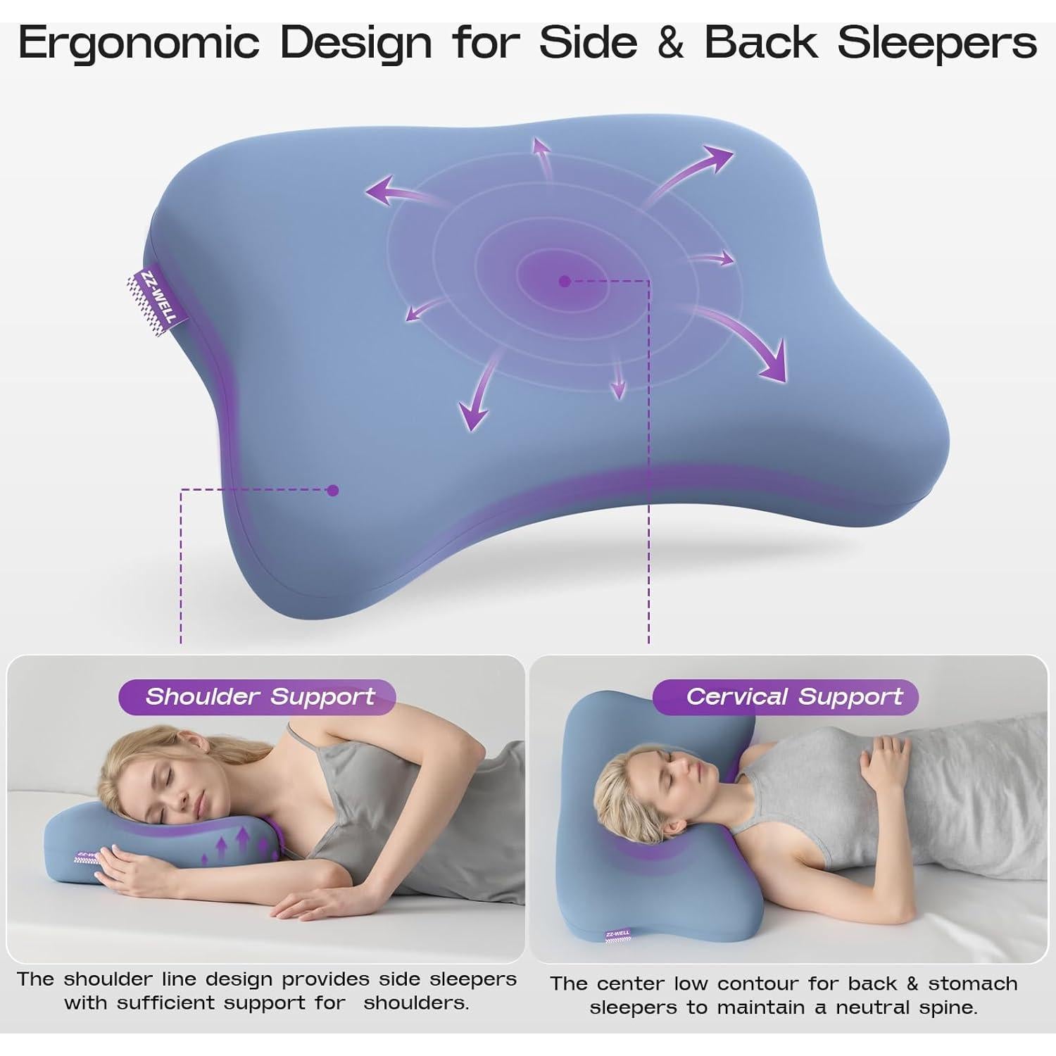 Almohada Ergonómica ZZ-WELL 1115 para Dormir de Lado - Espuma Viscoelástica con Funda Lavable