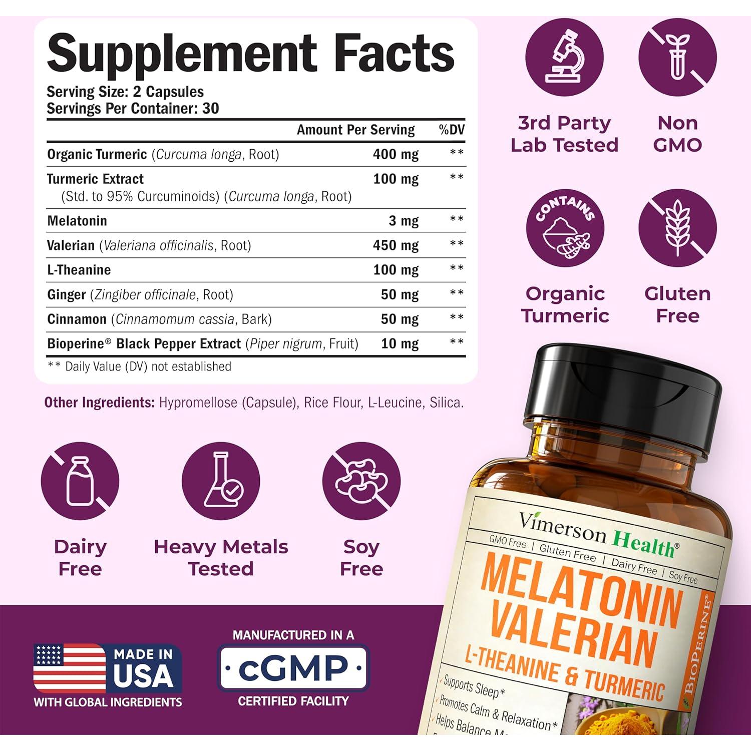 Suplemento de Melatonina 3mg con Valeriana y Cúrcuma - 60 Cápsulas
