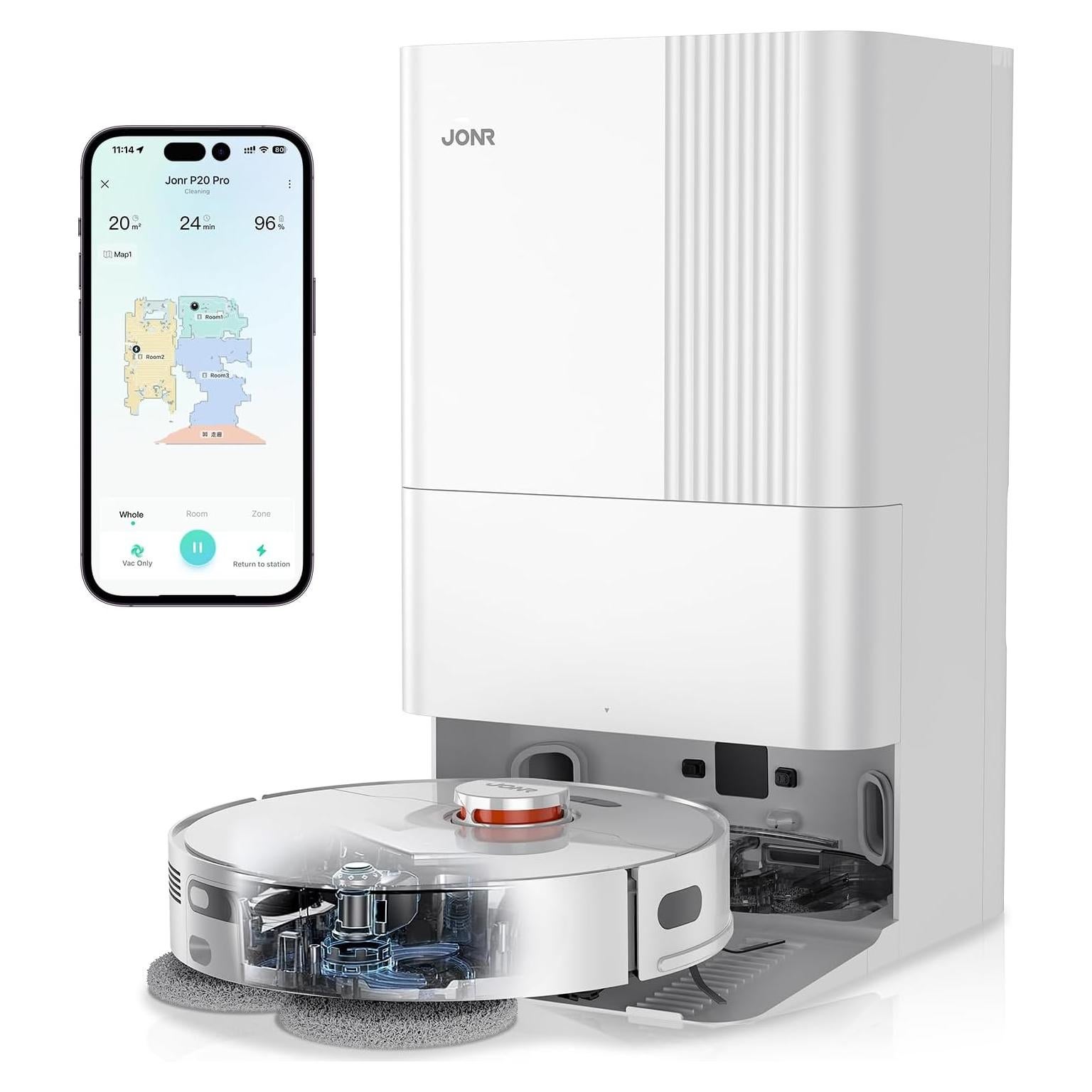 JONR P20 Pro Robot Vacuum and Mop with Self-Emptying, Self Lifting, 8000Pa Station, Auto Mop Washing & Hot Drying, Self-Refilling, Obstacle Avoidance, Adaptive Edge Mopping, LiDAR Navigation