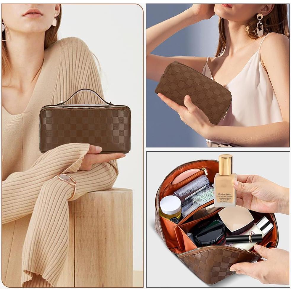 Set de 2 Bolsas de Maquillaje Impermeables Marrón - Gran Capacidad