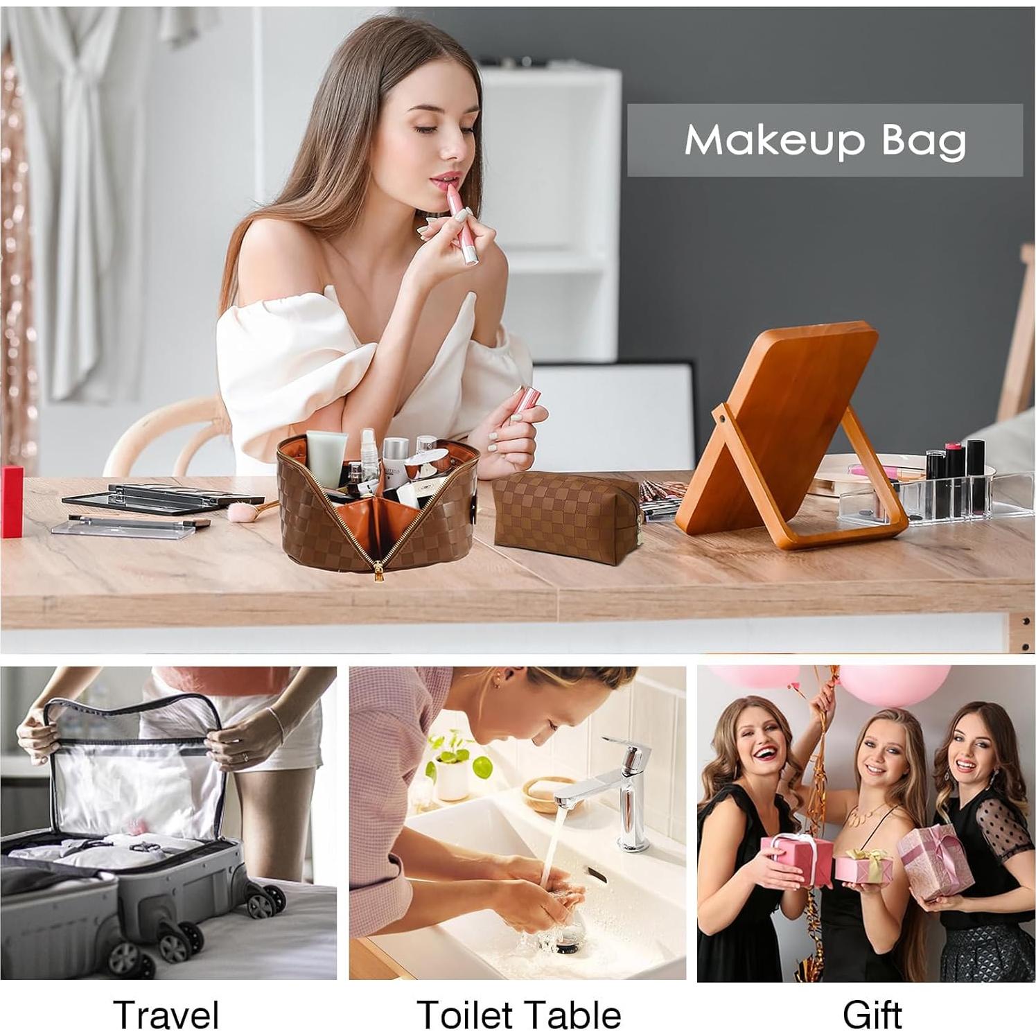 Set de 2 Bolsas de Maquillaje Impermeables Marrón - Gran Capacidad