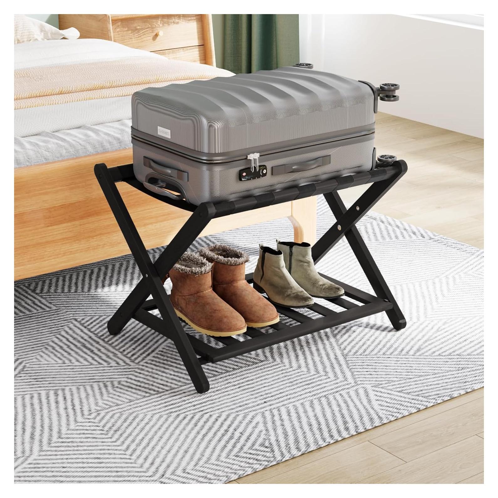 Smuxee Fully Assembled Luggage Rack for Guest Room, Upgraded Bamboo Foldable Suitcase Stand with 5 Nylon Straps, Luggage Holder with Shelf for Bedroom Hotel (Black Luggage Rack 1pcs)