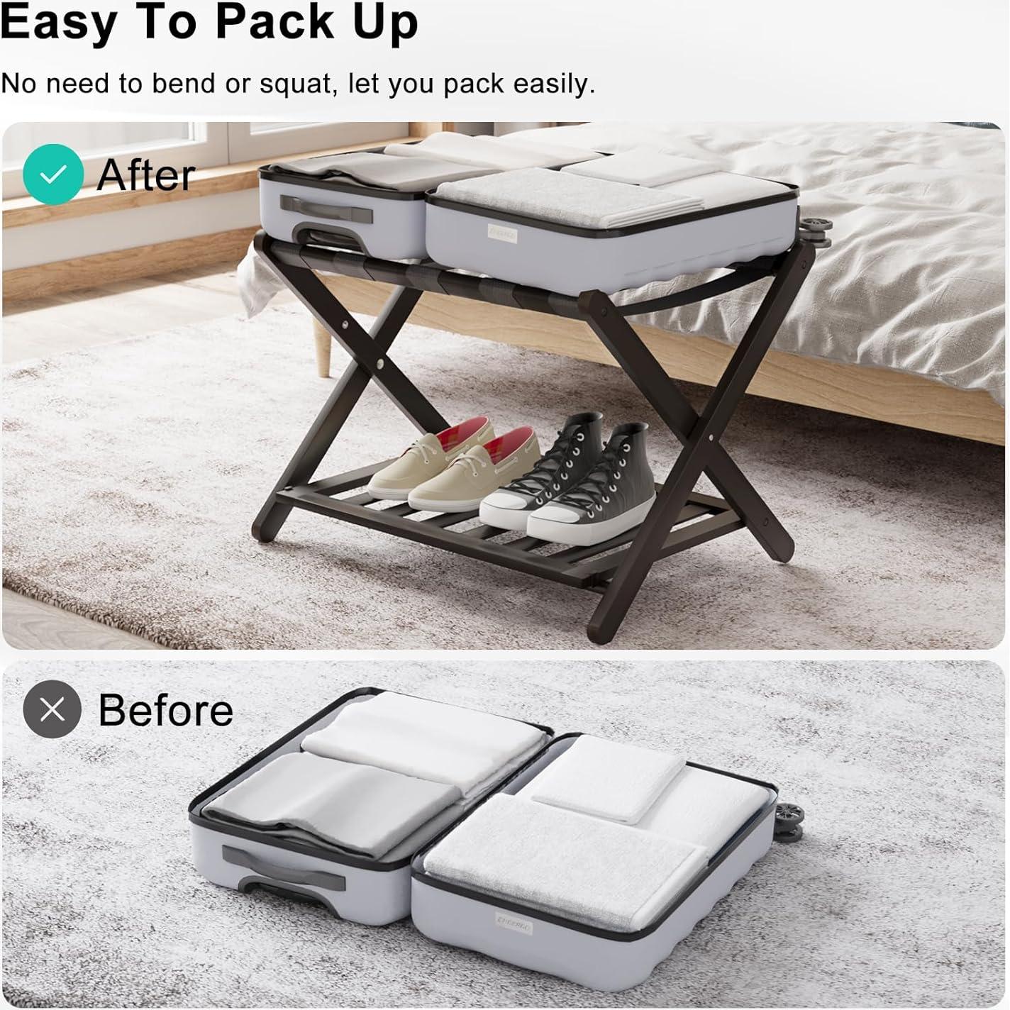 Smuxee Fully Assembled Luggage Rack for Guest Room, Upgraded Bamboo Foldable Suitcase Stand with 5 Nylon Straps, Luggage Holder with Shelf for Bedroom Hotel (Black Luggage Rack 1pcs)