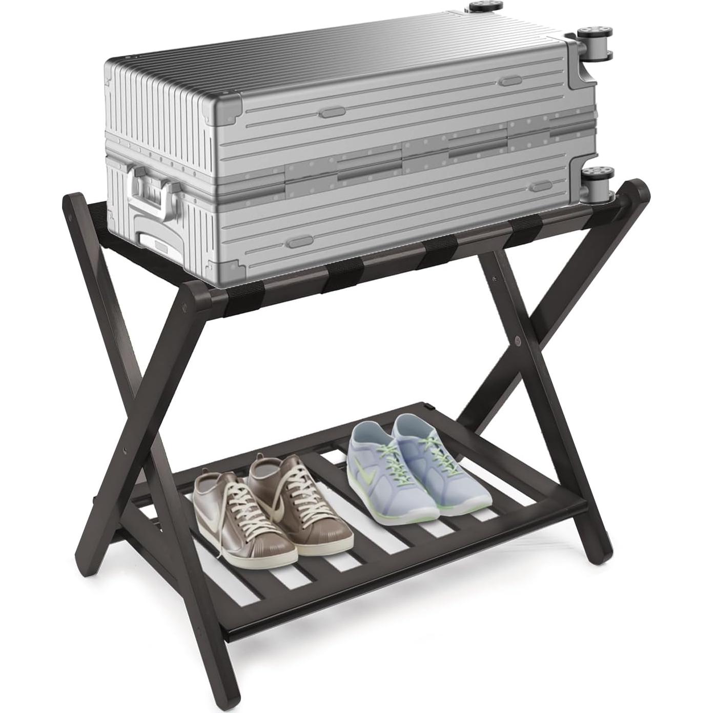 Smuxee Fully Assembled Luggage Rack for Guest Room, Upgraded Bamboo Foldable Suitcase Stand with 5 Nylon Straps, Luggage Holder with Shelf for Bedroom Hotel (Black Luggage Rack 1pcs)