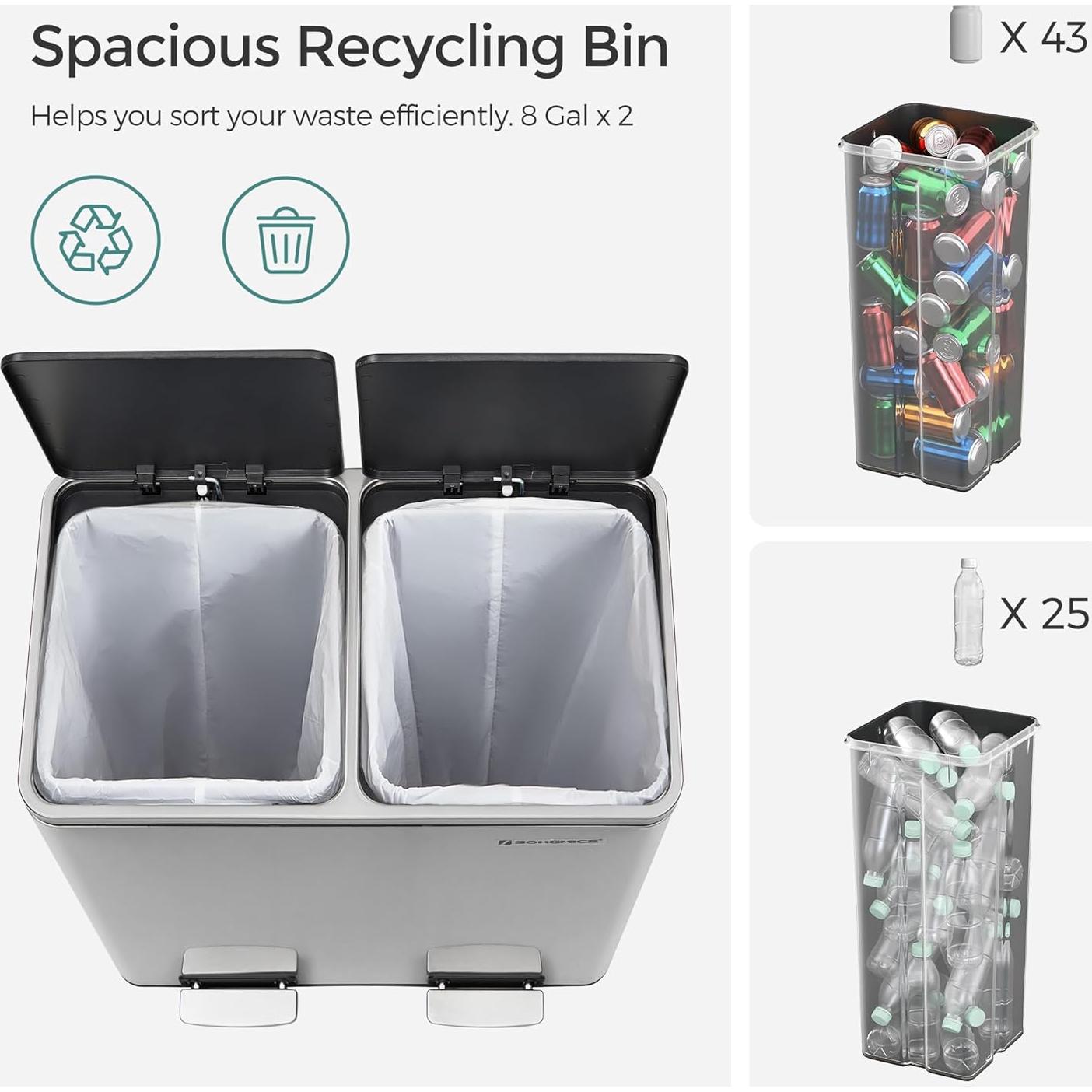 Cubo de Basura SONGMICS 2 x 30 L con Pedal y 15 Bolsas