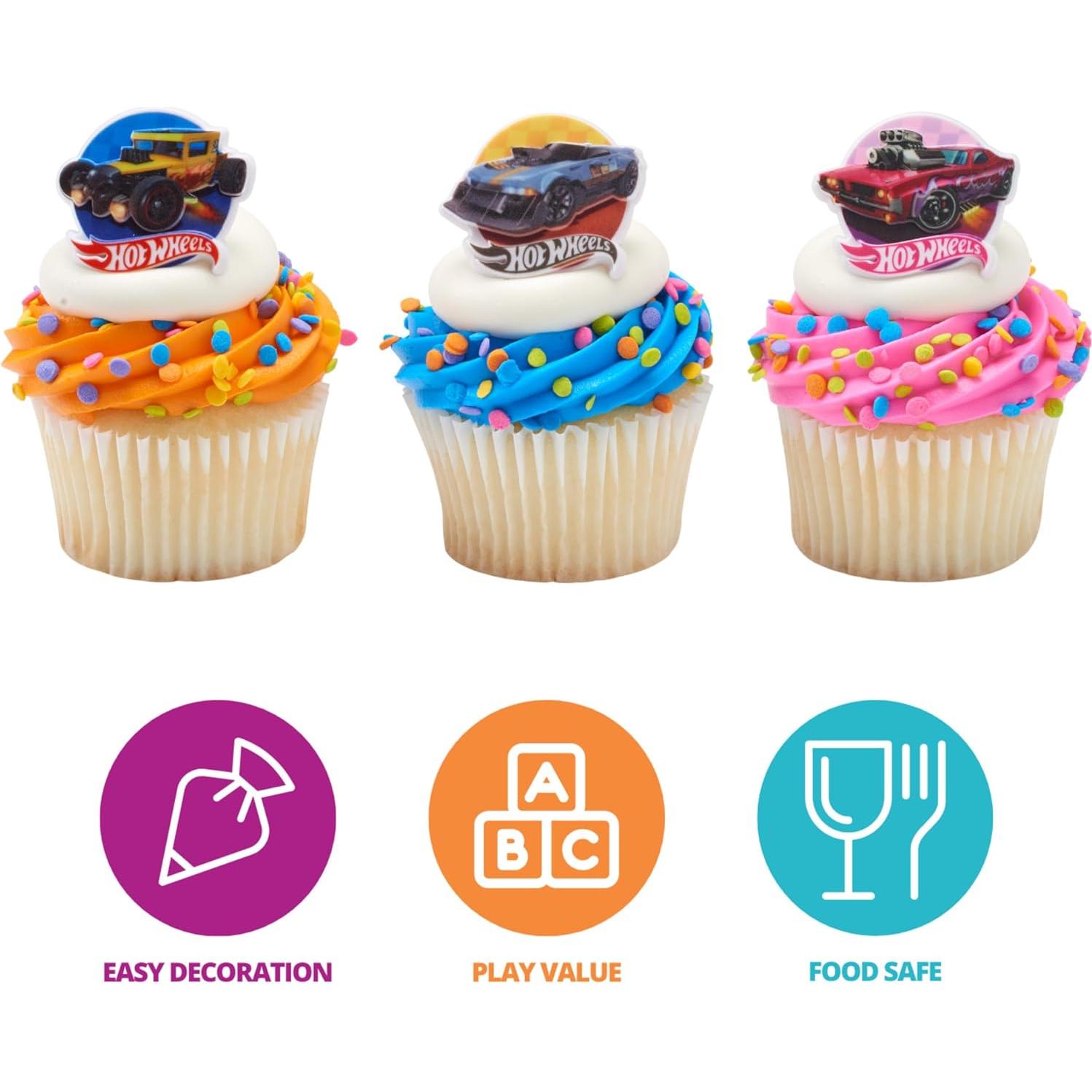 Anillos de Cupcake DecoPac Hot Wheels - 24 Toppers Apto Alimentos